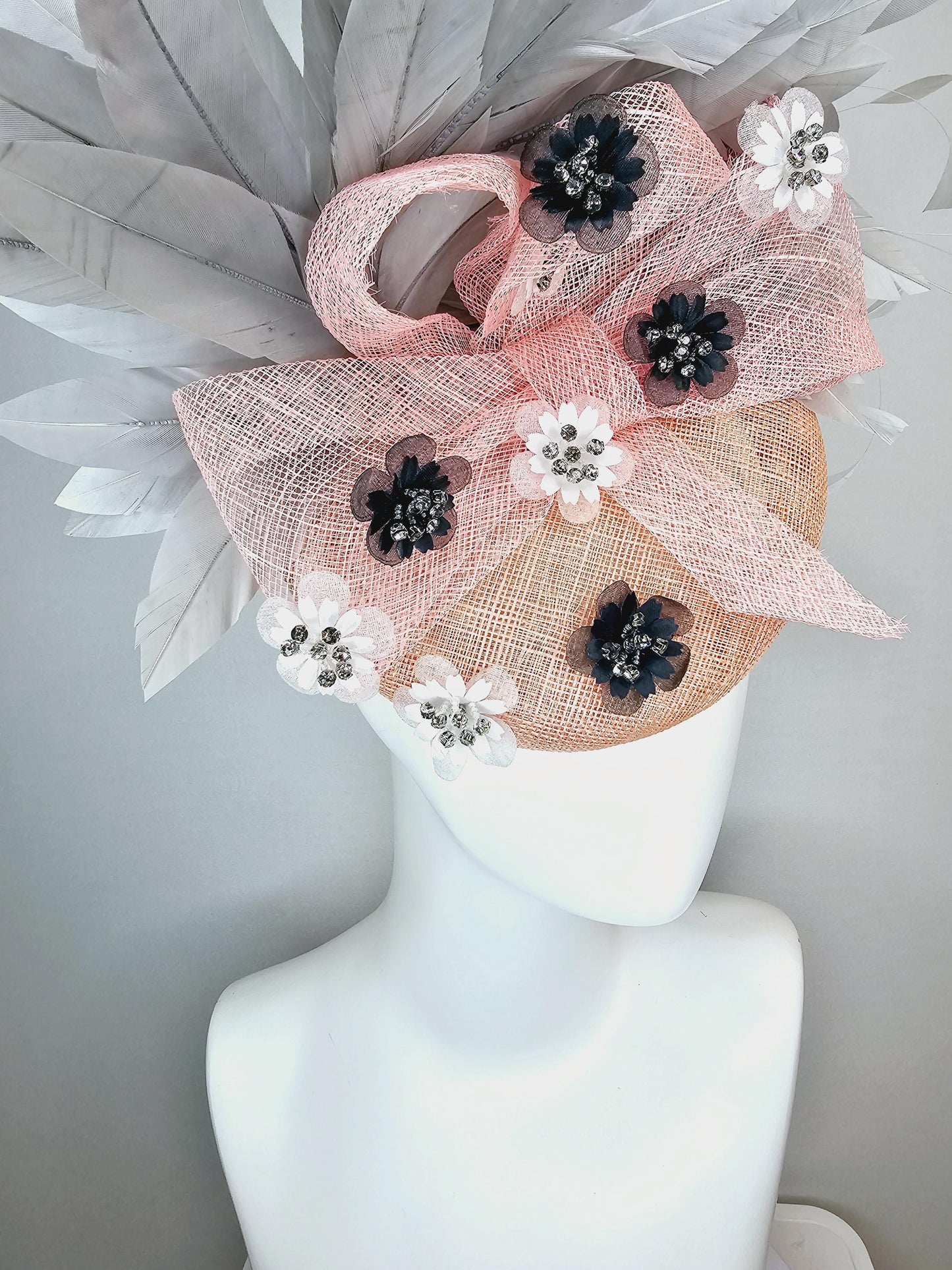 kentucky derby hat fascinator champagne pink sinamay with baby pink sinamay bow crystal jewel embroidered flowers gray branching feathers