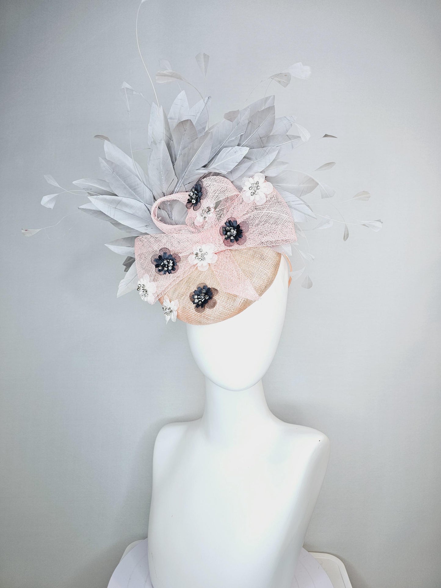 kentucky derby hat fascinator champagne pink sinamay with baby pink sinamay bow crystal jewel embroidered flowers gray branching feathers