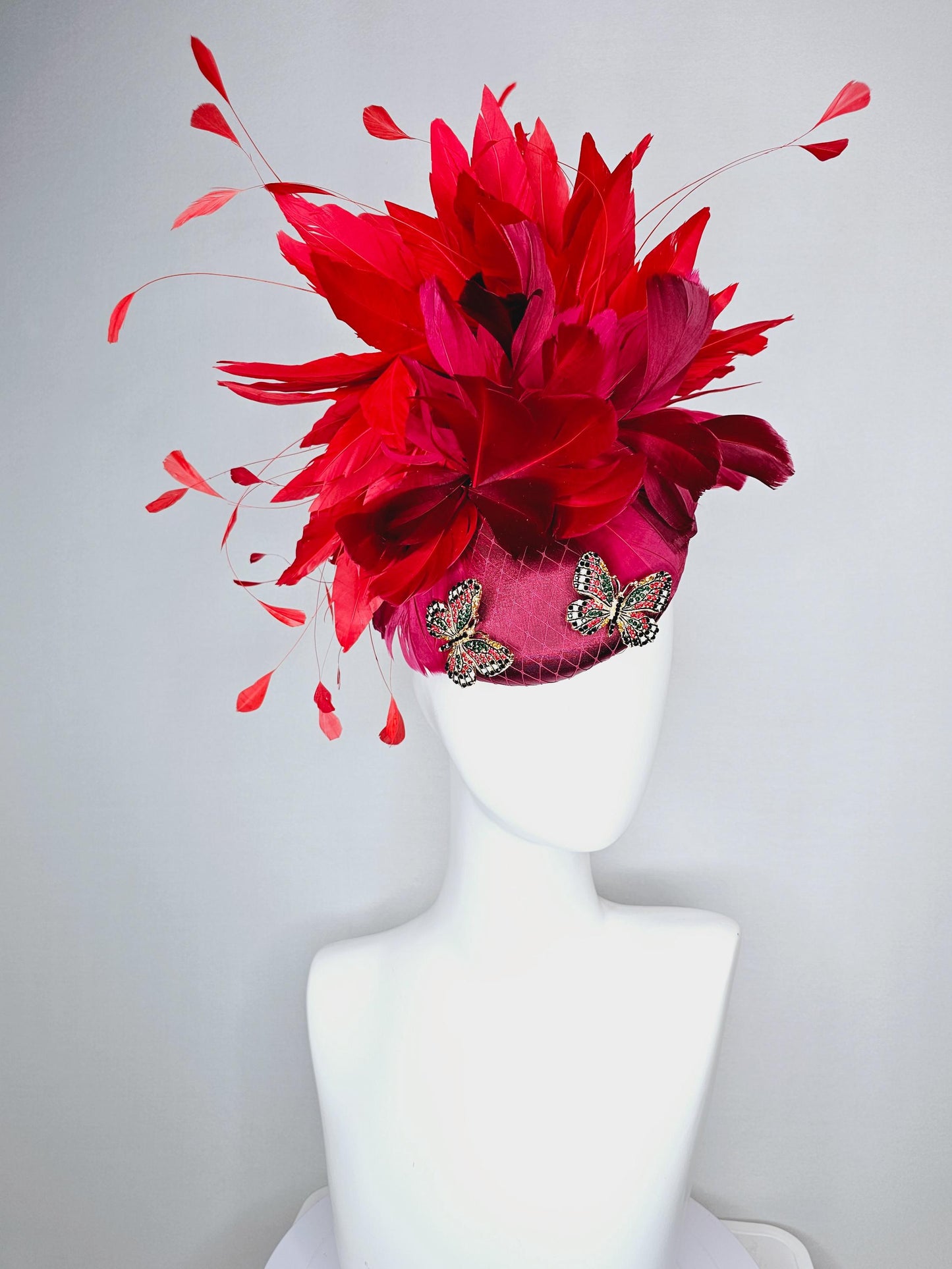 kentucky derby hat fascinator wine red satin with netting and colorful crystal jewels butterflies scarlet red wine red branching feathers