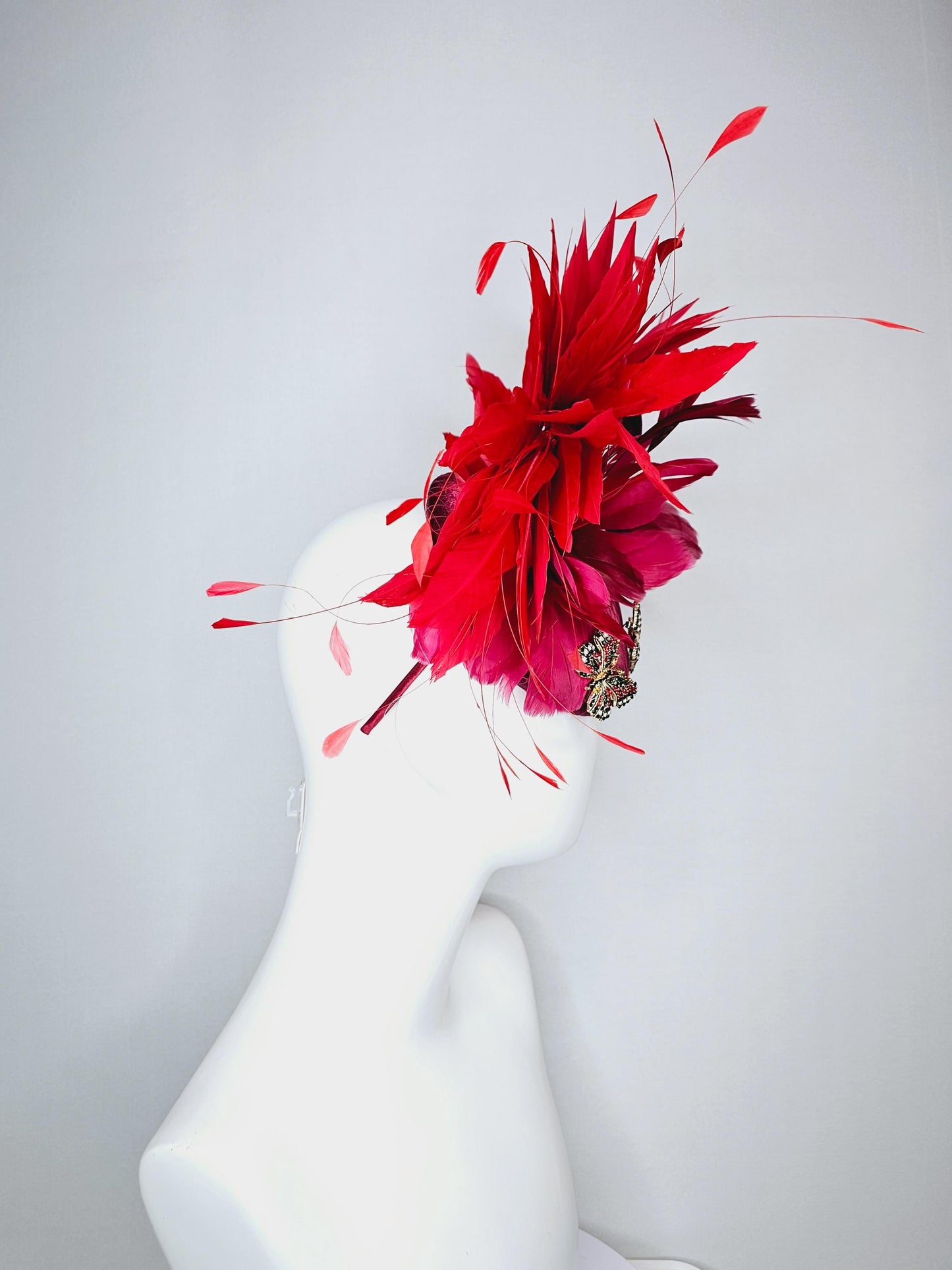 kentucky derby hat fascinator wine red satin with netting and colorful crystal jewels butterflies scarlet red wine red branching feathers