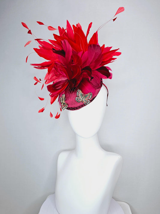 kentucky derby hat fascinator wine red satin with netting and colorful crystal jewels butterflies scarlet red wine red branching feathers