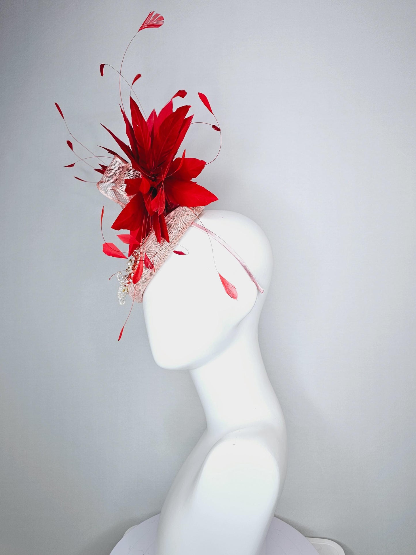 kentucky derby hat fascinator pink champagne sinamay with bow and pearl jewel embroidered flowers with scarlet red branching feathers