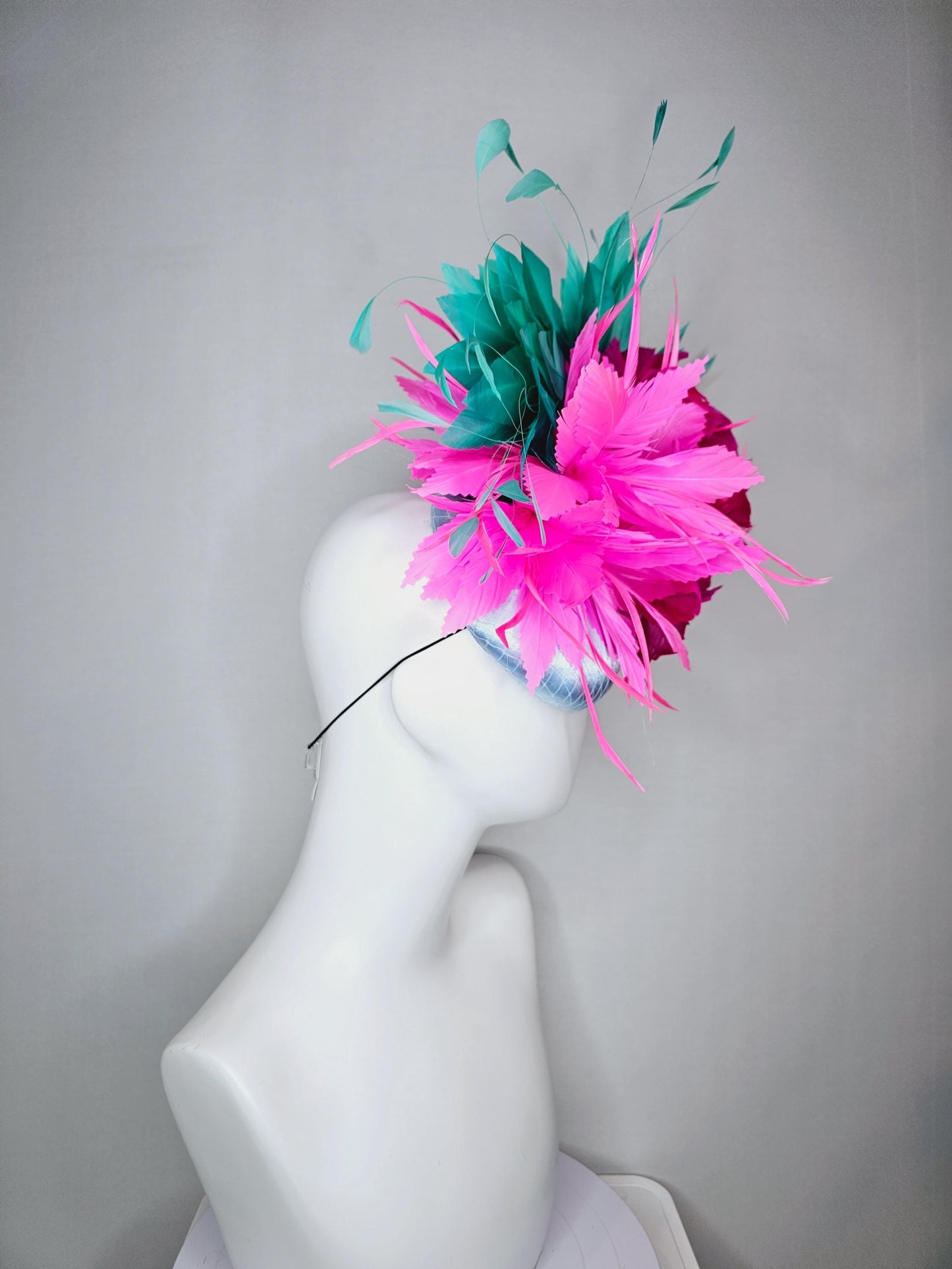 kentucky derby hat fascinator colorful light blue satin with netting fluffy pink zigzag feather flower hot fuchsia pink aqua blue feathers