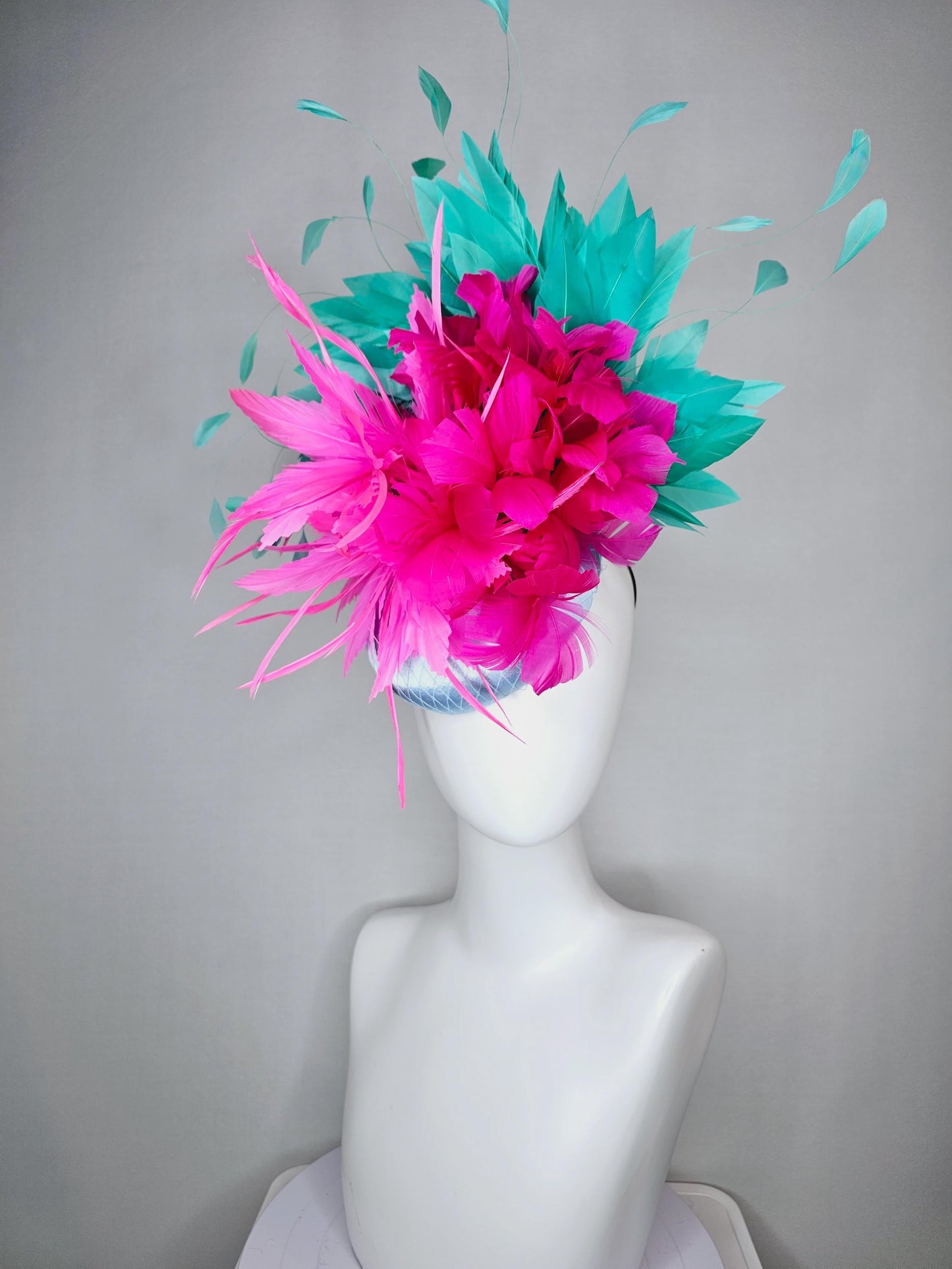 kentucky derby hat fascinator colorful light blue satin with netting fluffy pink zigzag feather flower hot fuchsia pink aqua blue feathers