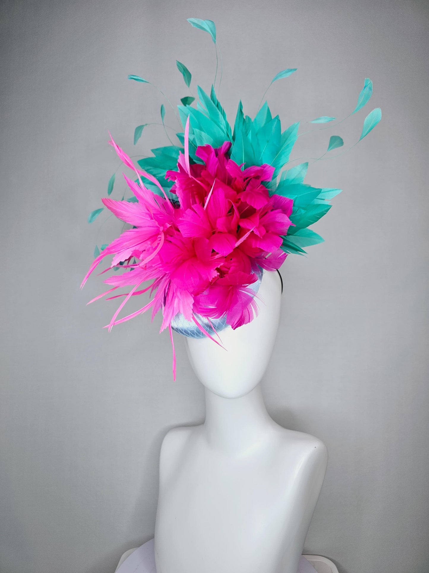 kentucky derby hat fascinator colorful light blue satin with netting fluffy pink zigzag feather flower hot fuchsia pink aqua blue feathers