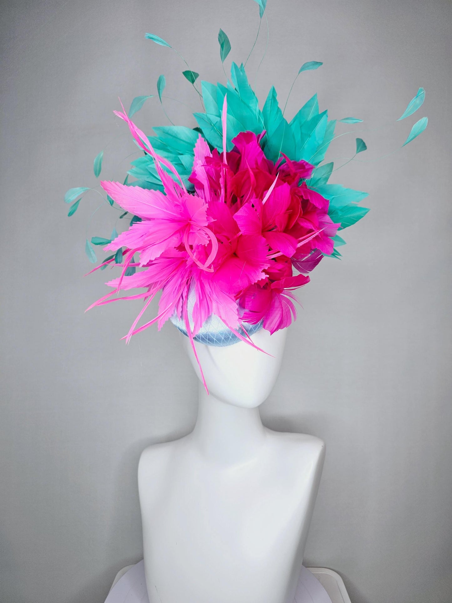 kentucky derby hat fascinator colorful light blue satin with netting fluffy pink zigzag feather flower hot fuchsia pink aqua blue feathers