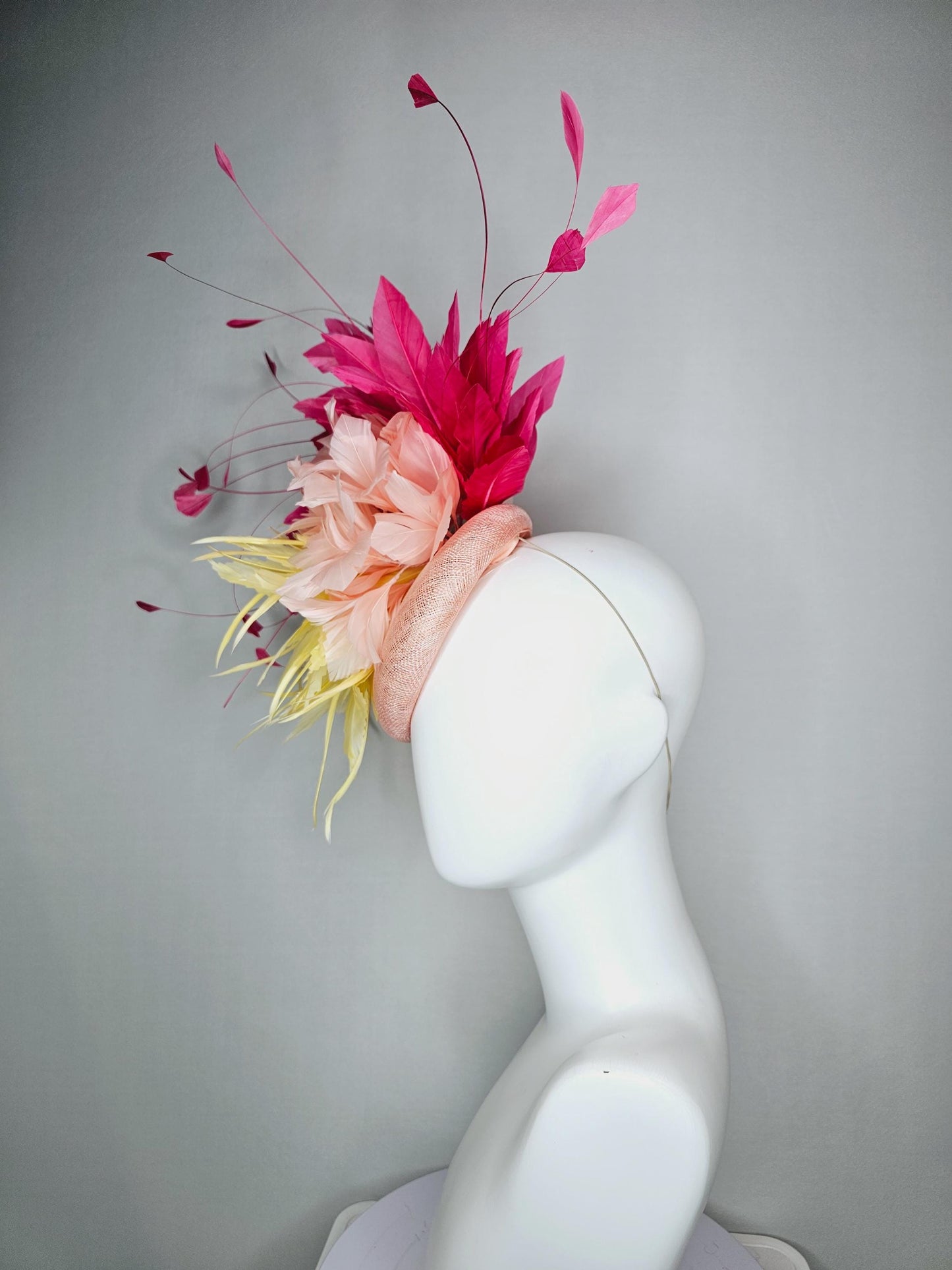 kentucky derby hat fascinator colorful champagne pink sinamay fluffy yellow zigzag champagne pink feather flowers raspberry pink feathers