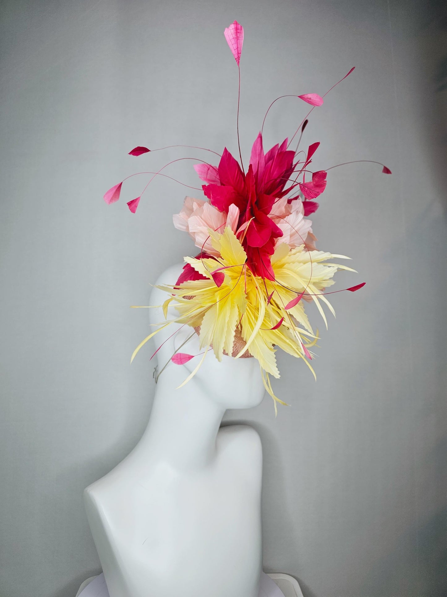 kentucky derby hat fascinator colorful champagne pink sinamay fluffy yellow zigzag champagne pink feather flowers raspberry pink feathers
