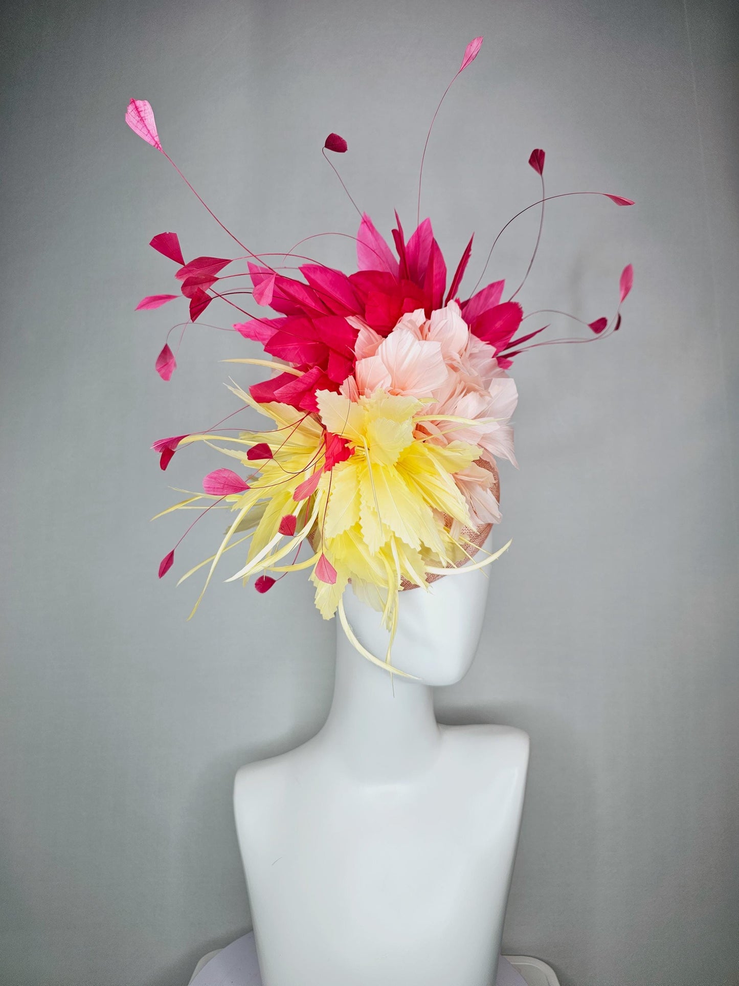 kentucky derby hat fascinator colorful champagne pink sinamay fluffy yellow zigzag champagne pink feather flowers raspberry pink feathers