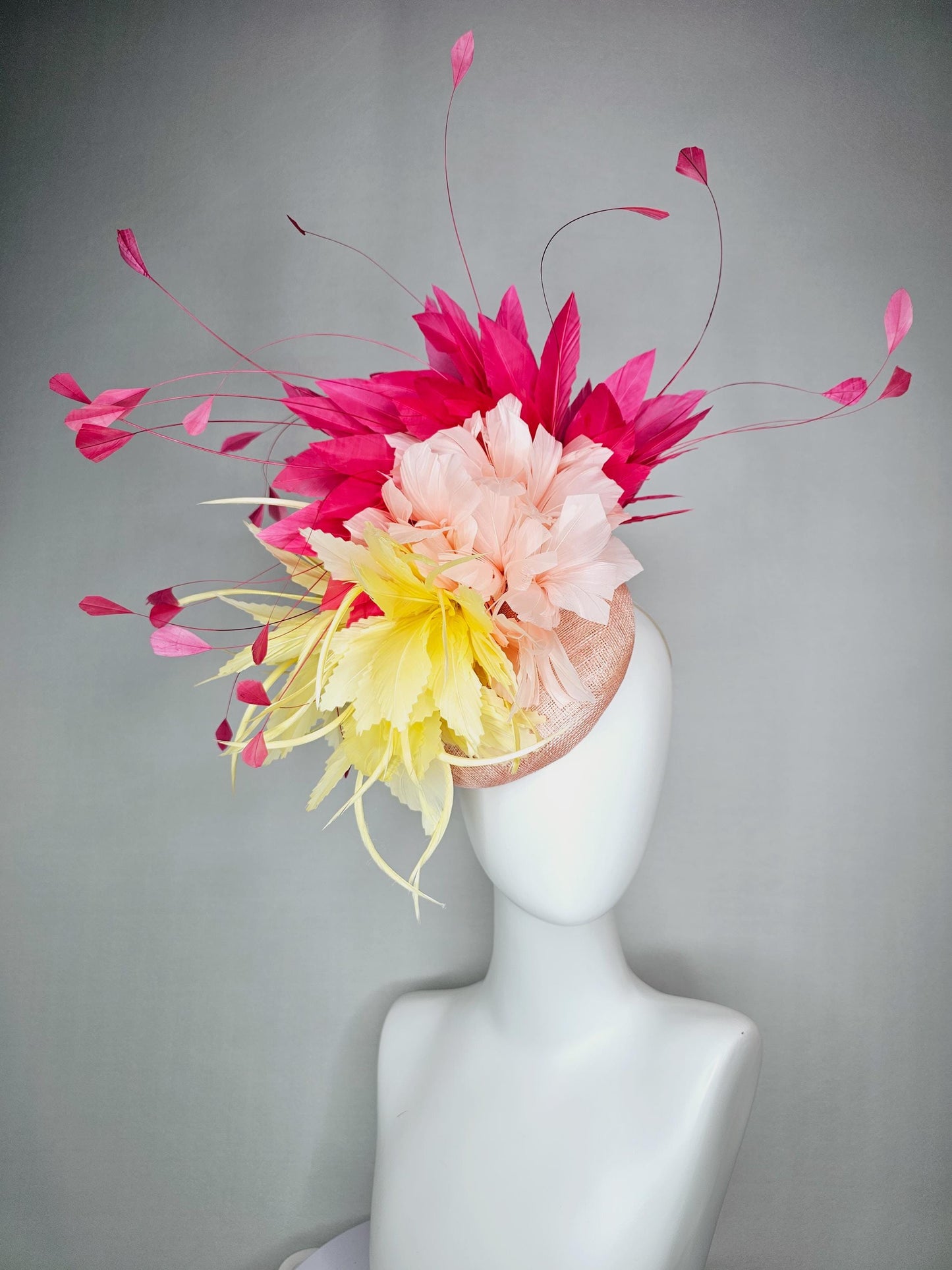 kentucky derby hat fascinator colorful champagne pink sinamay fluffy yellow zigzag champagne pink feather flowers raspberry pink feathers