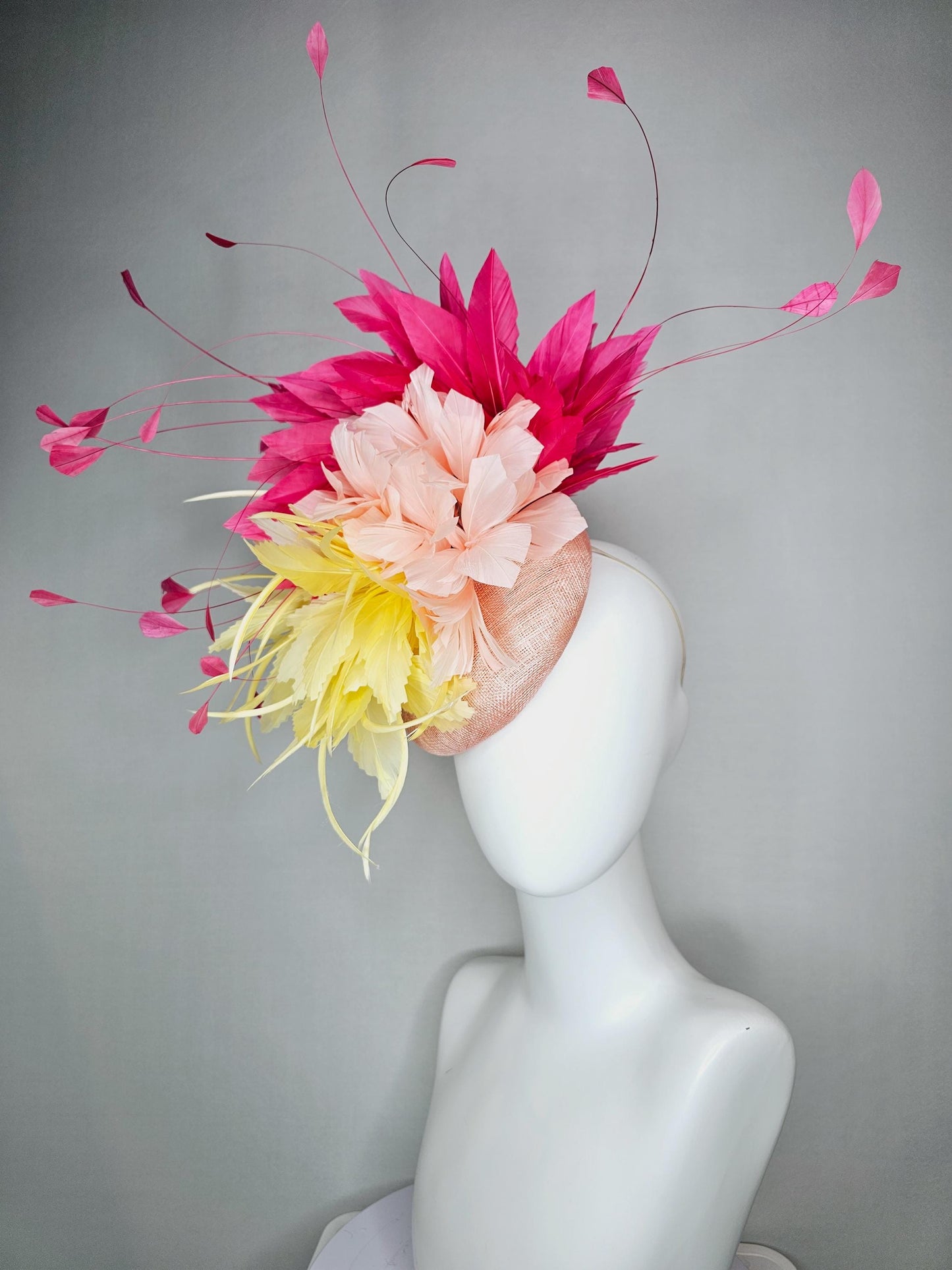kentucky derby hat fascinator colorful champagne pink sinamay fluffy yellow zigzag champagne pink feather flowers raspberry pink feathers