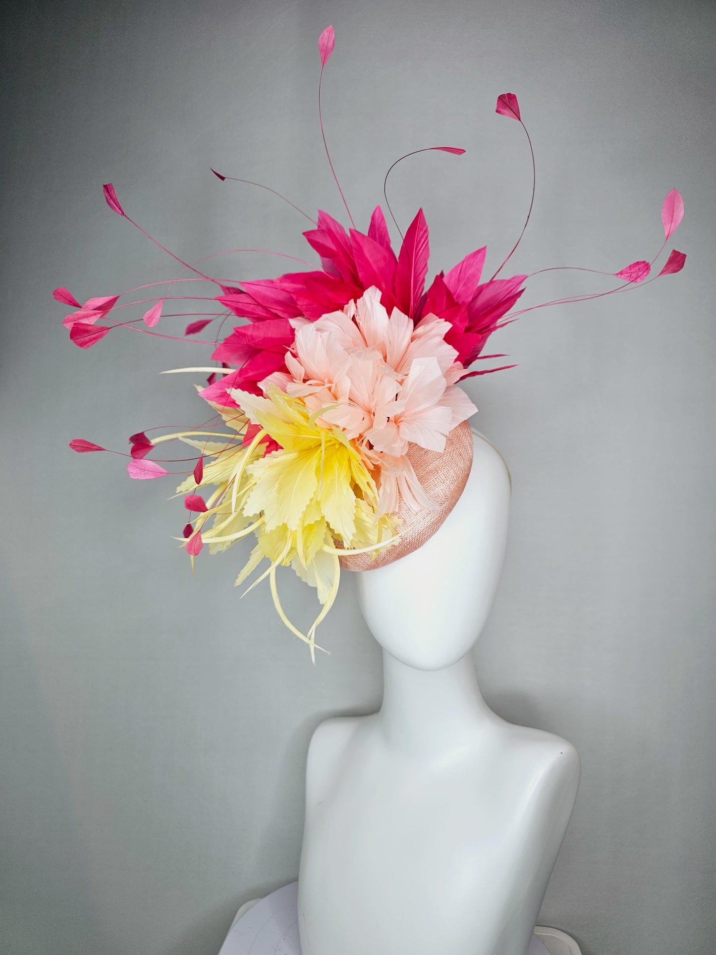 kentucky derby hat fascinator colorful champagne pink sinamay fluffy yellow zigzag champagne pink feather flowers raspberry pink feathers