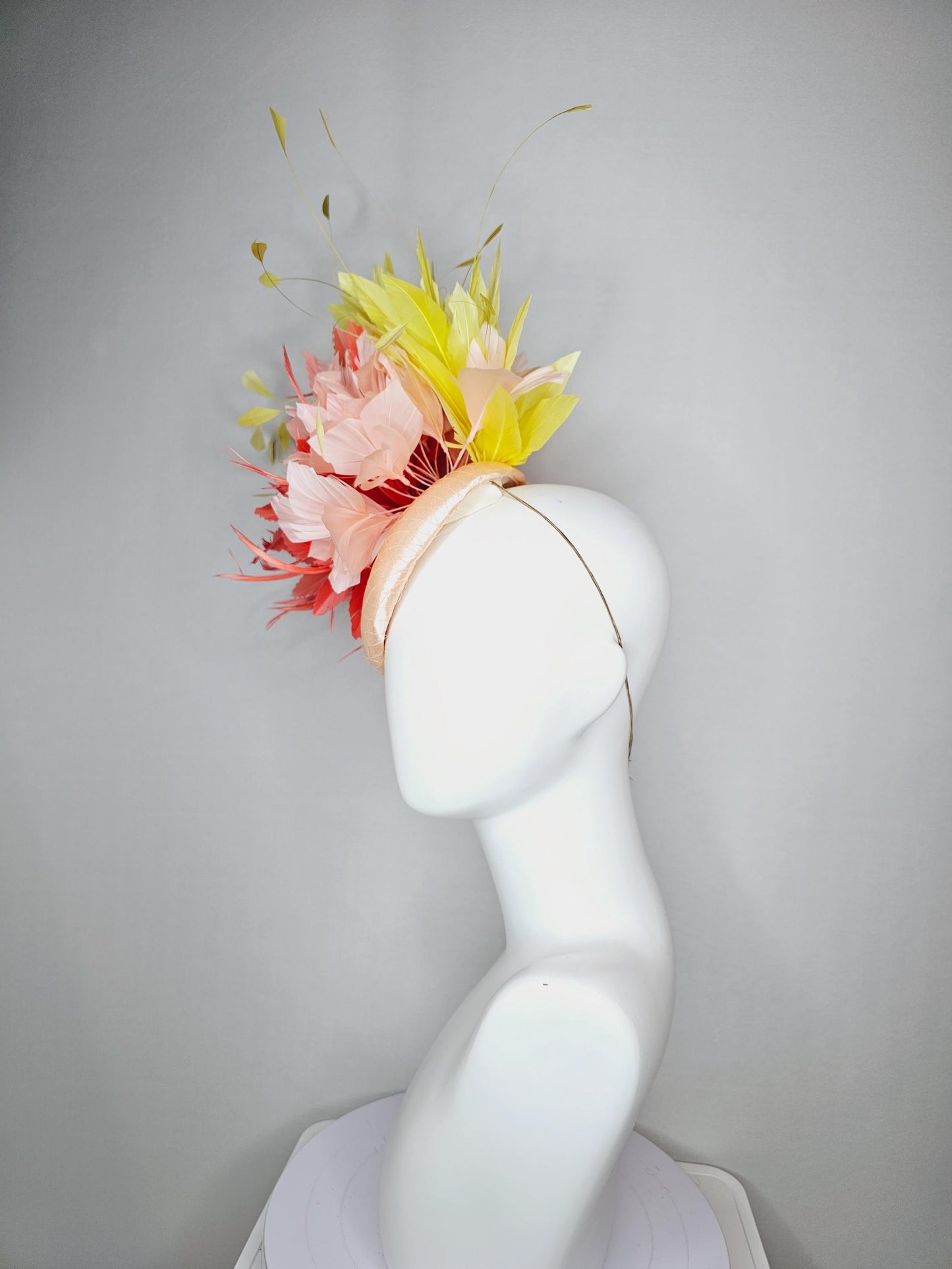 kentucky derby hat fascinator colorful champagne beige satin with netting fluffy coral orange champagne pink feather flowers yellow feathers