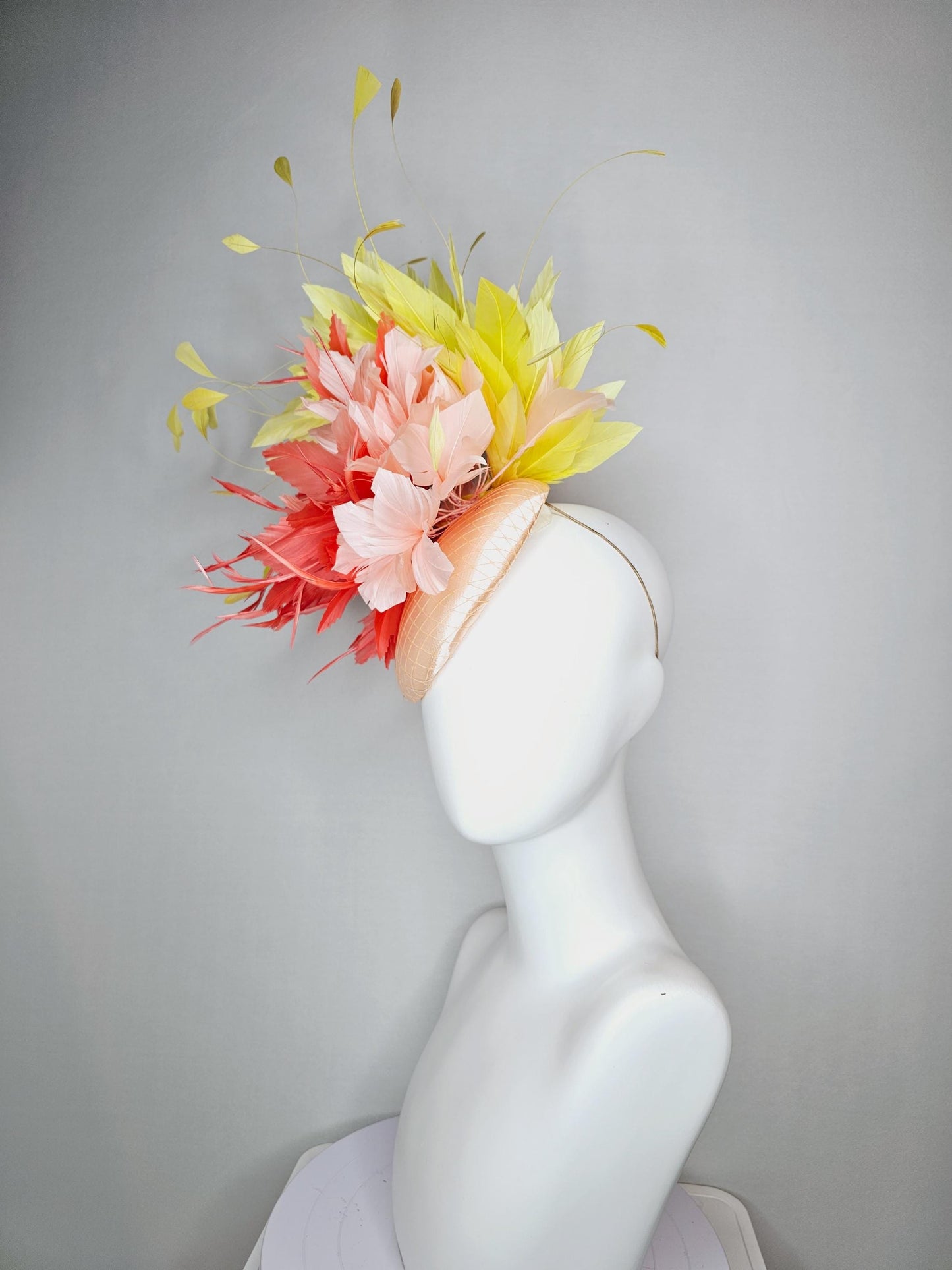 kentucky derby hat fascinator colorful champagne beige satin with netting fluffy coral orange champagne pink feather flowers yellow feathers