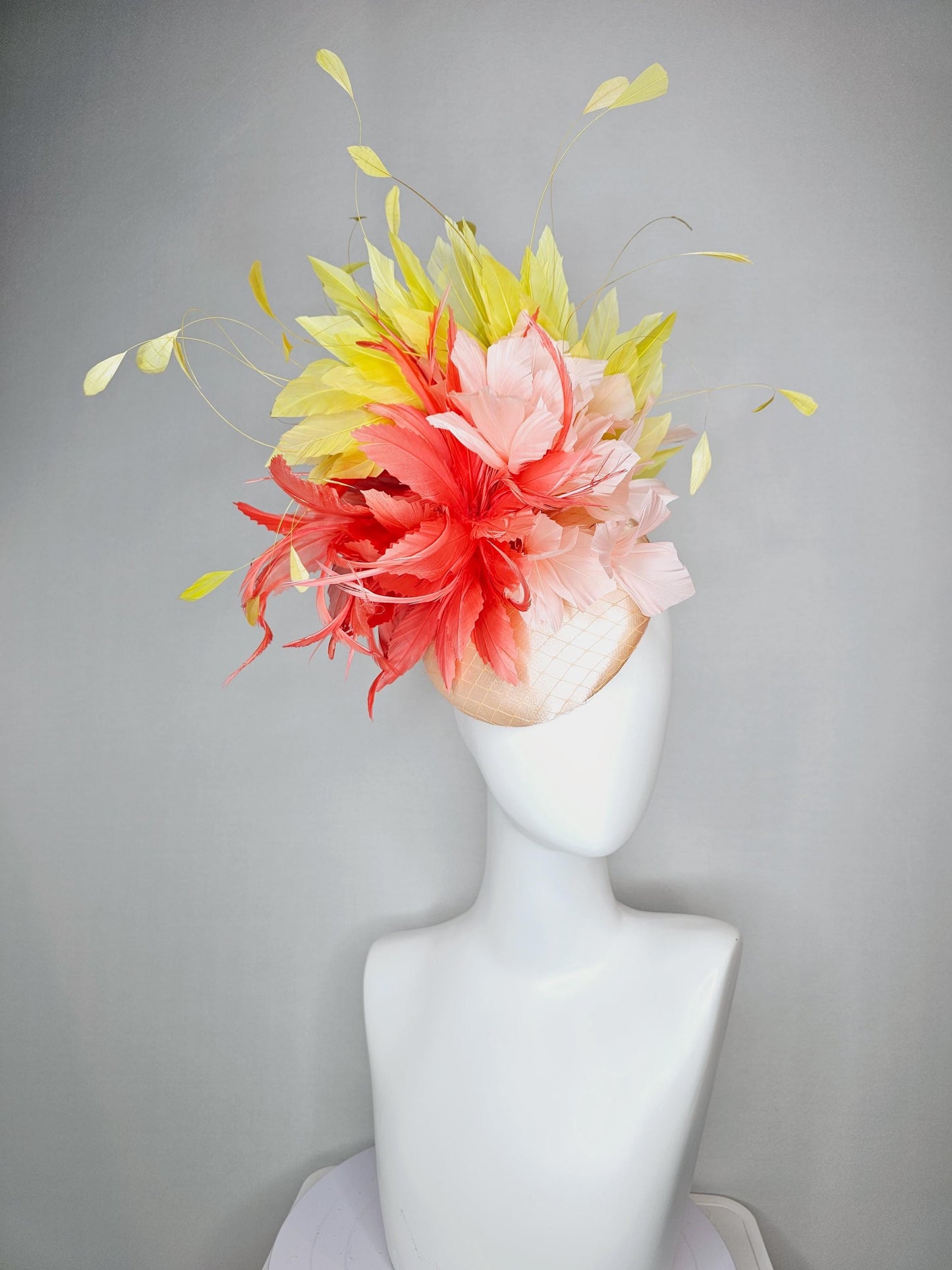 kentucky derby hat fascinator colorful champagne beige satin with netting fluffy coral orange champagne pink feather flowers yellow feathers