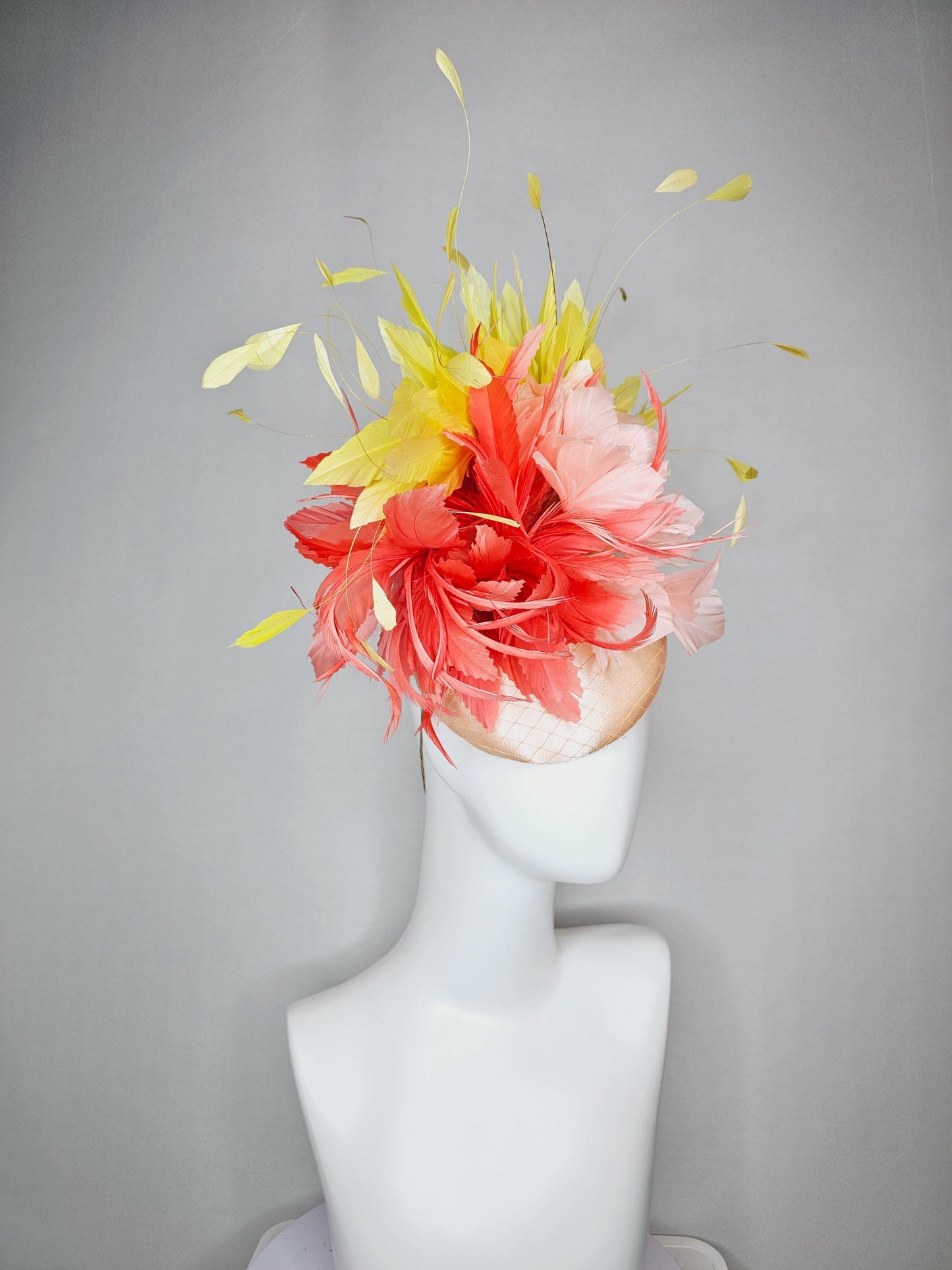 kentucky derby hat fascinator colorful champagne beige satin with netting fluffy coral orange champagne pink feather flowers yellow feathers