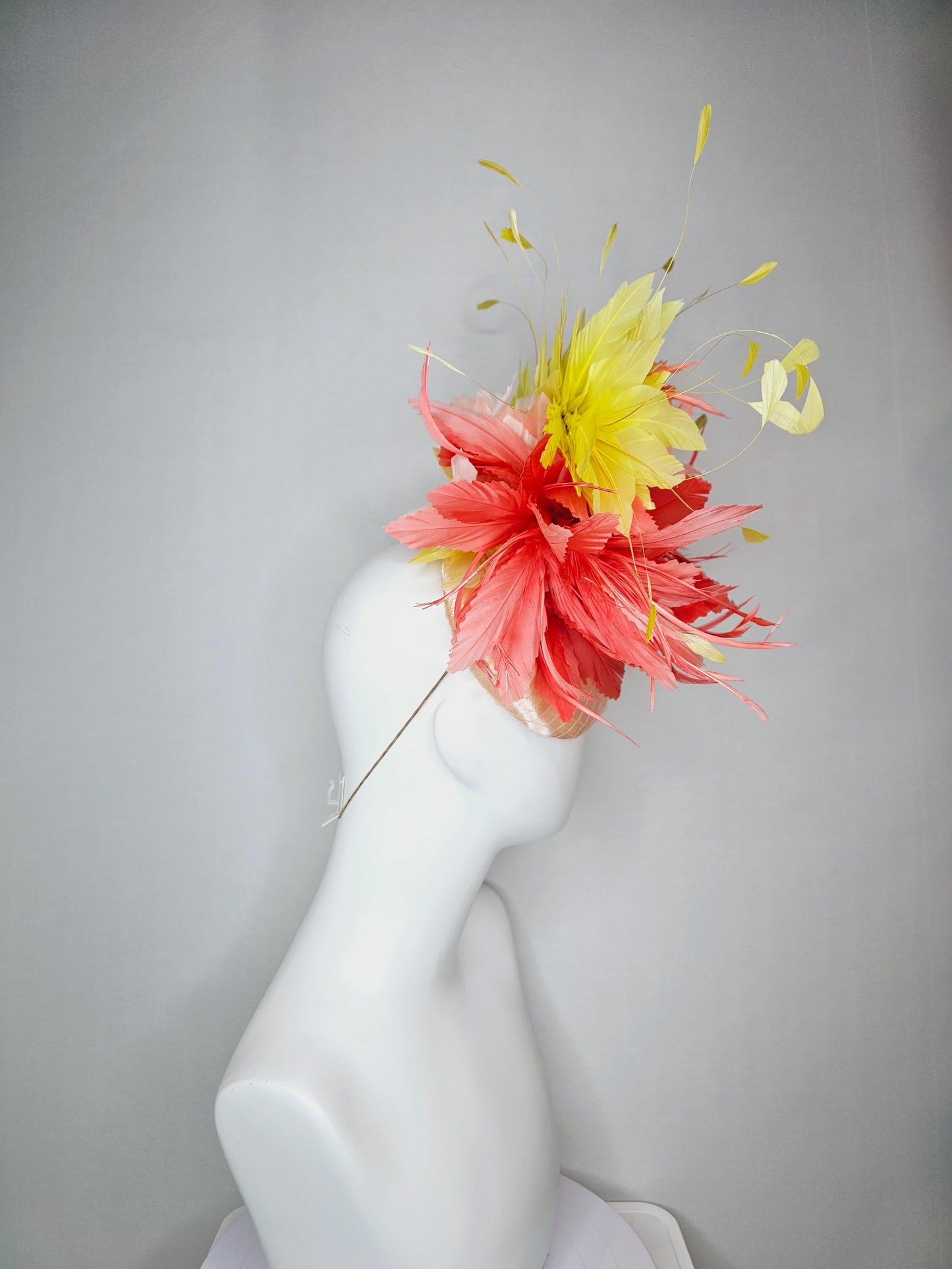 kentucky derby hat fascinator colorful champagne beige satin with netting fluffy coral orange champagne pink feather flowers yellow feathers
