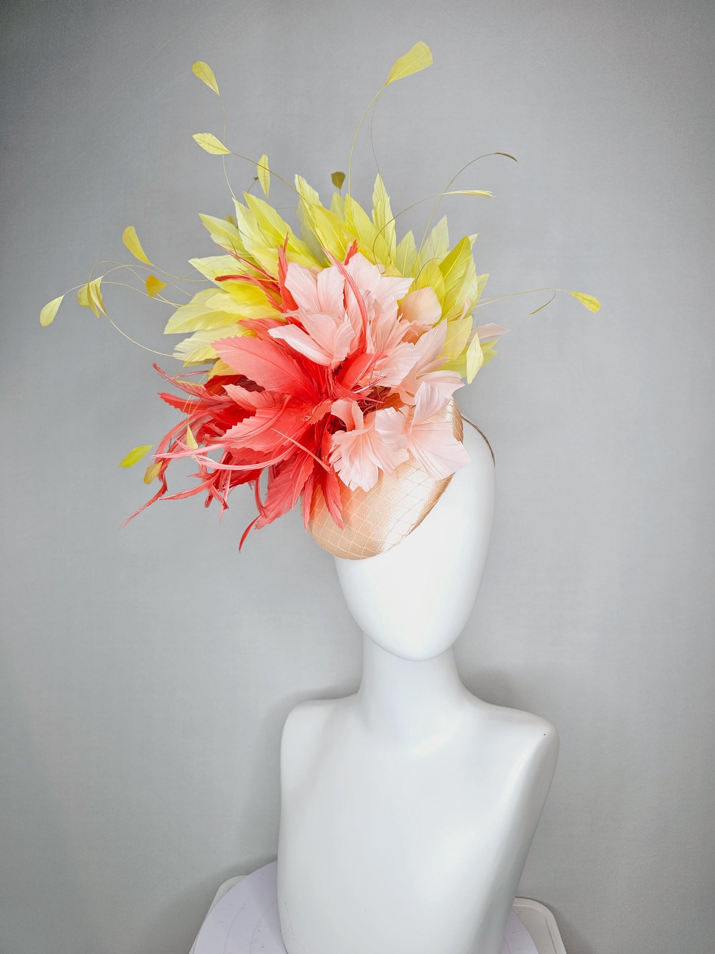 kentucky derby hat fascinator colorful champagne beige satin with netting fluffy coral orange champagne pink feather flowers yellow feathers