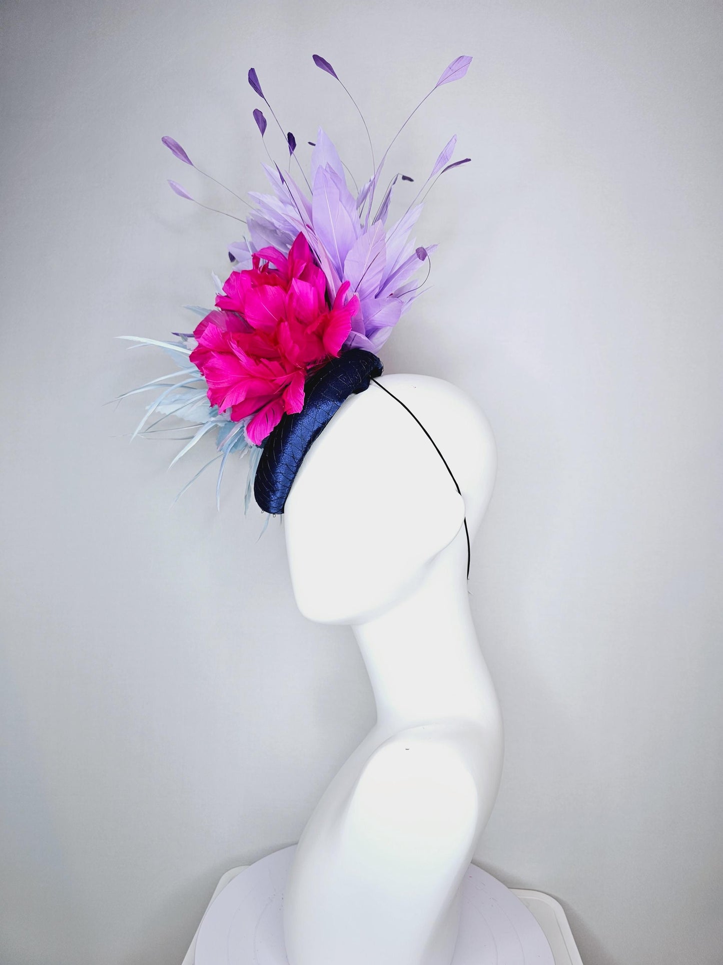 kentucky derby hat fascinator colorful navy blue satin with netting fluffy baby blue fuchsia pink feather flowers lavender purple feathers