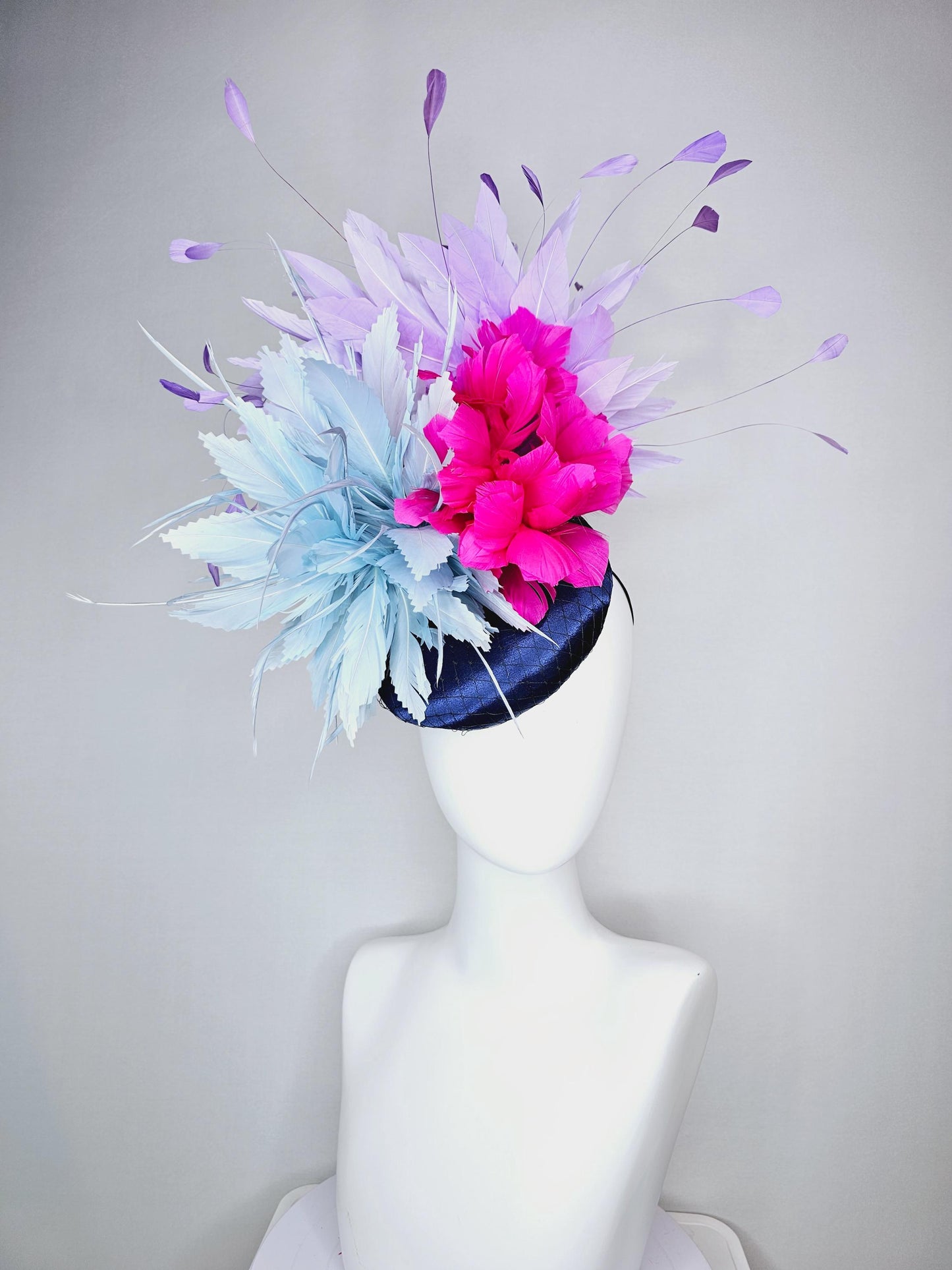 kentucky derby hat fascinator colorful navy blue satin with netting fluffy baby blue fuchsia pink feather flowers lavender purple feathers
