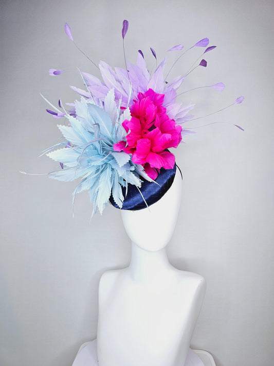 kentucky derby hat fascinator colorful navy blue satin with netting fluffy baby blue fuchsia pink feather flowers lavender purple feathers