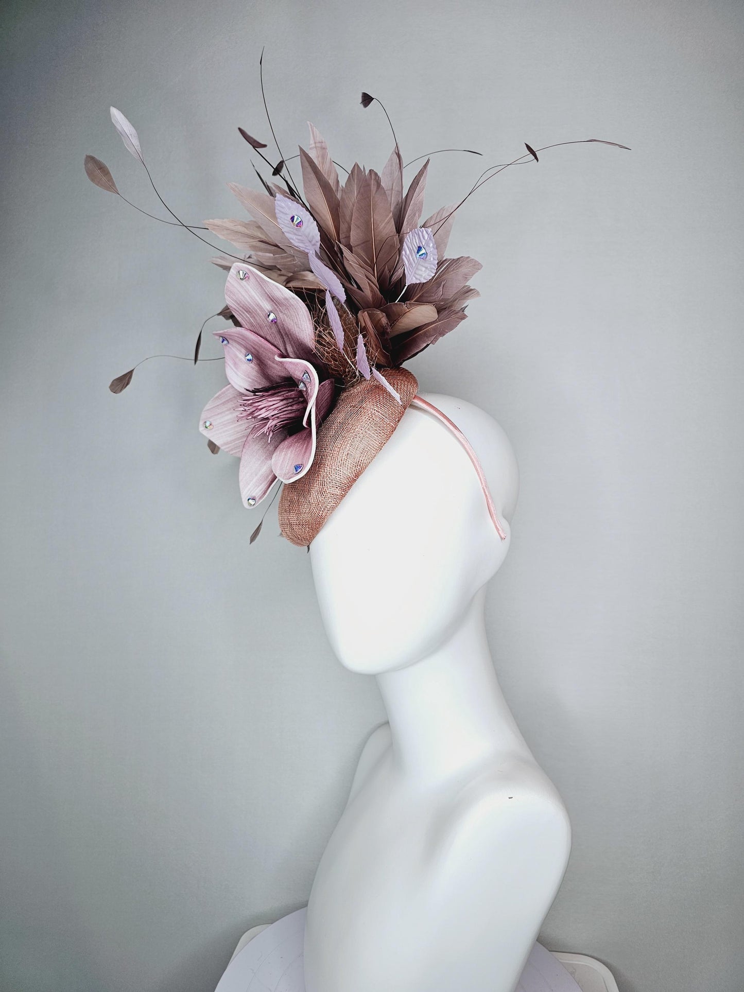 kentucky derby hat fascinator neutral dusty pink sinamay with light dusty pink satin flower white leaves taupe brown branching feathers