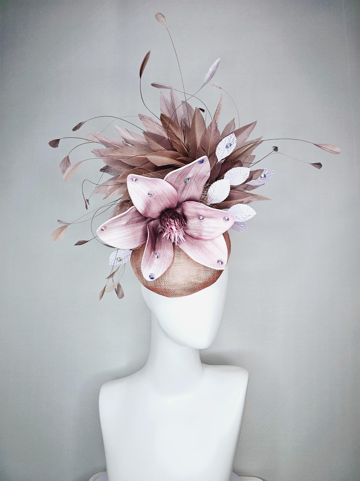 kentucky derby hat fascinator neutral dusty pink sinamay with light dusty pink satin flower white leaves taupe brown branching feathers