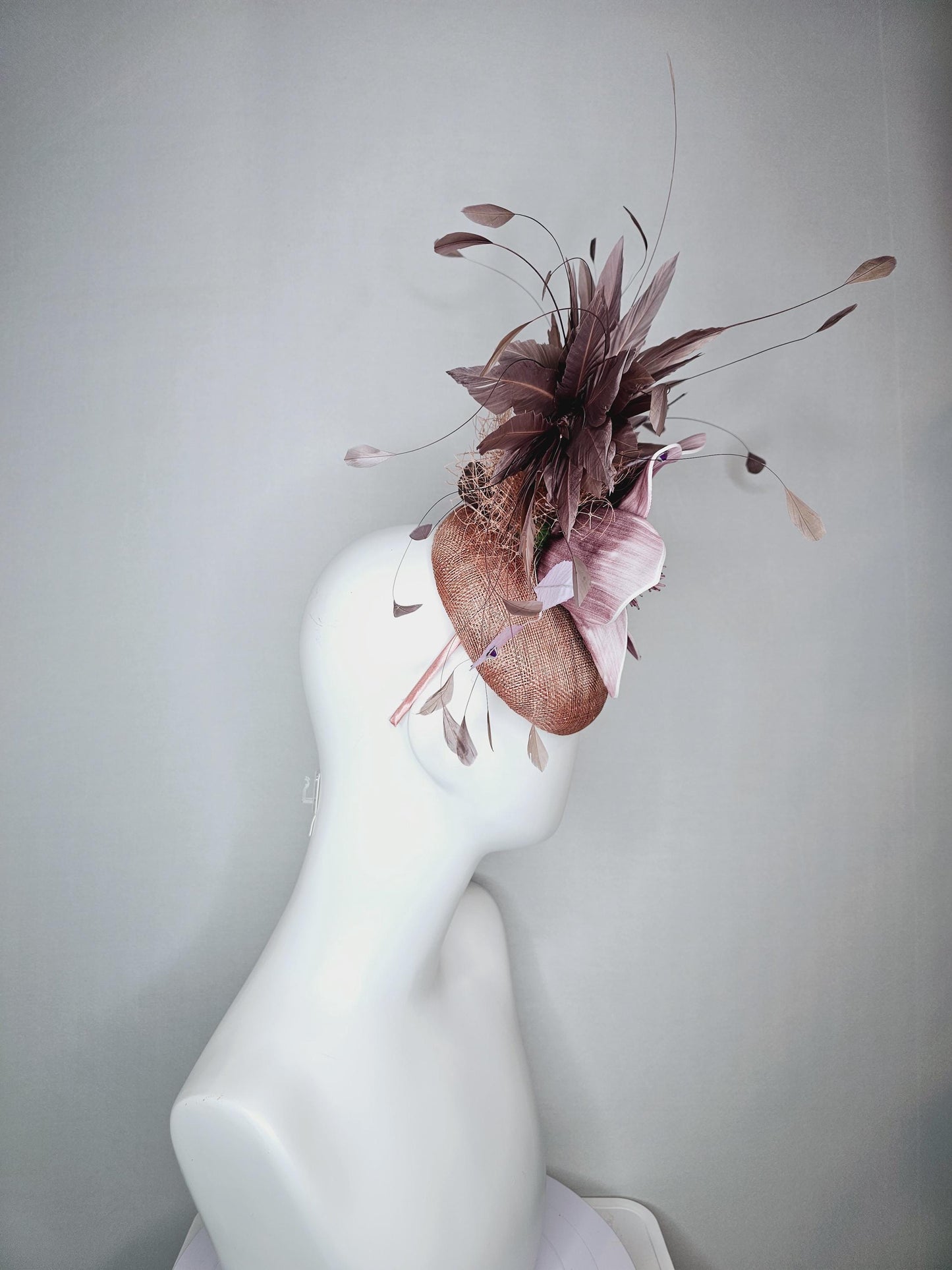 kentucky derby hat fascinator neutral dusty pink sinamay with light dusty pink satin flower white leaves taupe brown branching feathers