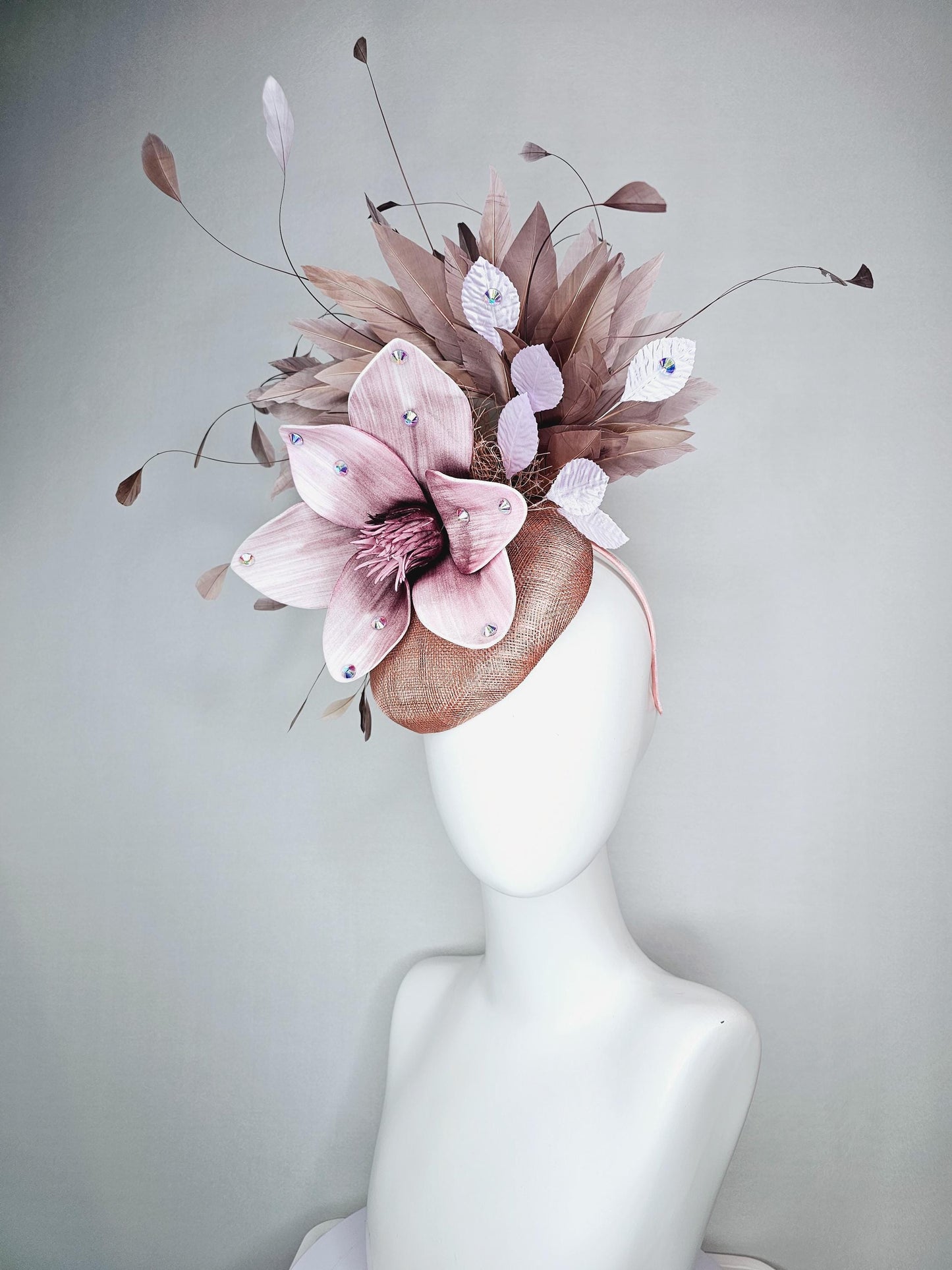 kentucky derby hat fascinator neutral dusty pink sinamay with light dusty pink satin flower white leaves taupe brown branching feathers