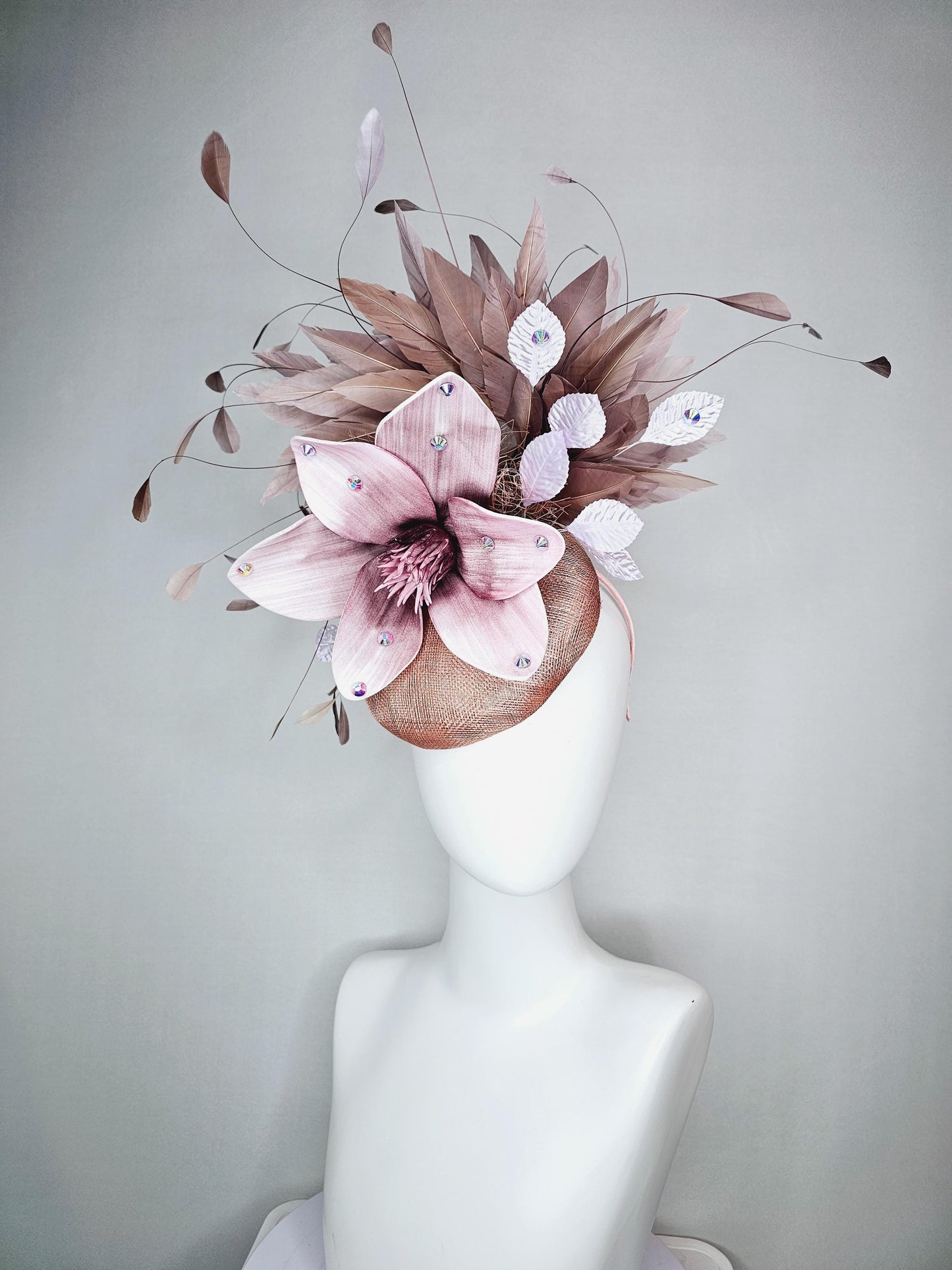 kentucky derby hat fascinator neutral dusty pink sinamay with light dusty pink satin flower white leaves taupe brown branching feathers