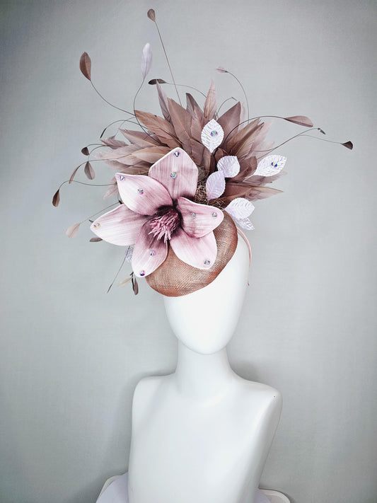 kentucky derby hat fascinator neutral dusty pink sinamay with light dusty pink satin flower white leaves taupe brown branching feathers