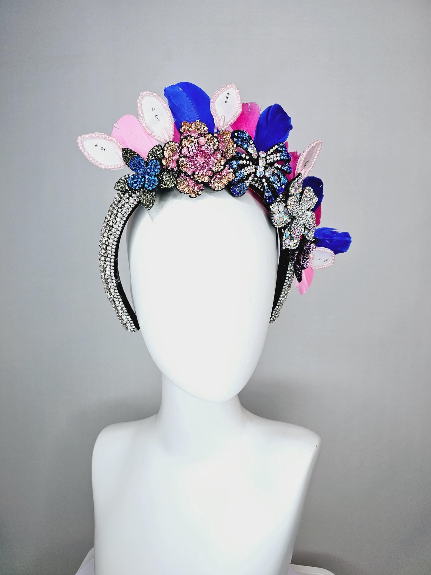 kentucky derby hat fascinator clear swarovski crystal headband with pink beige blue black crystal flowers butterfly pink royal blue feathers