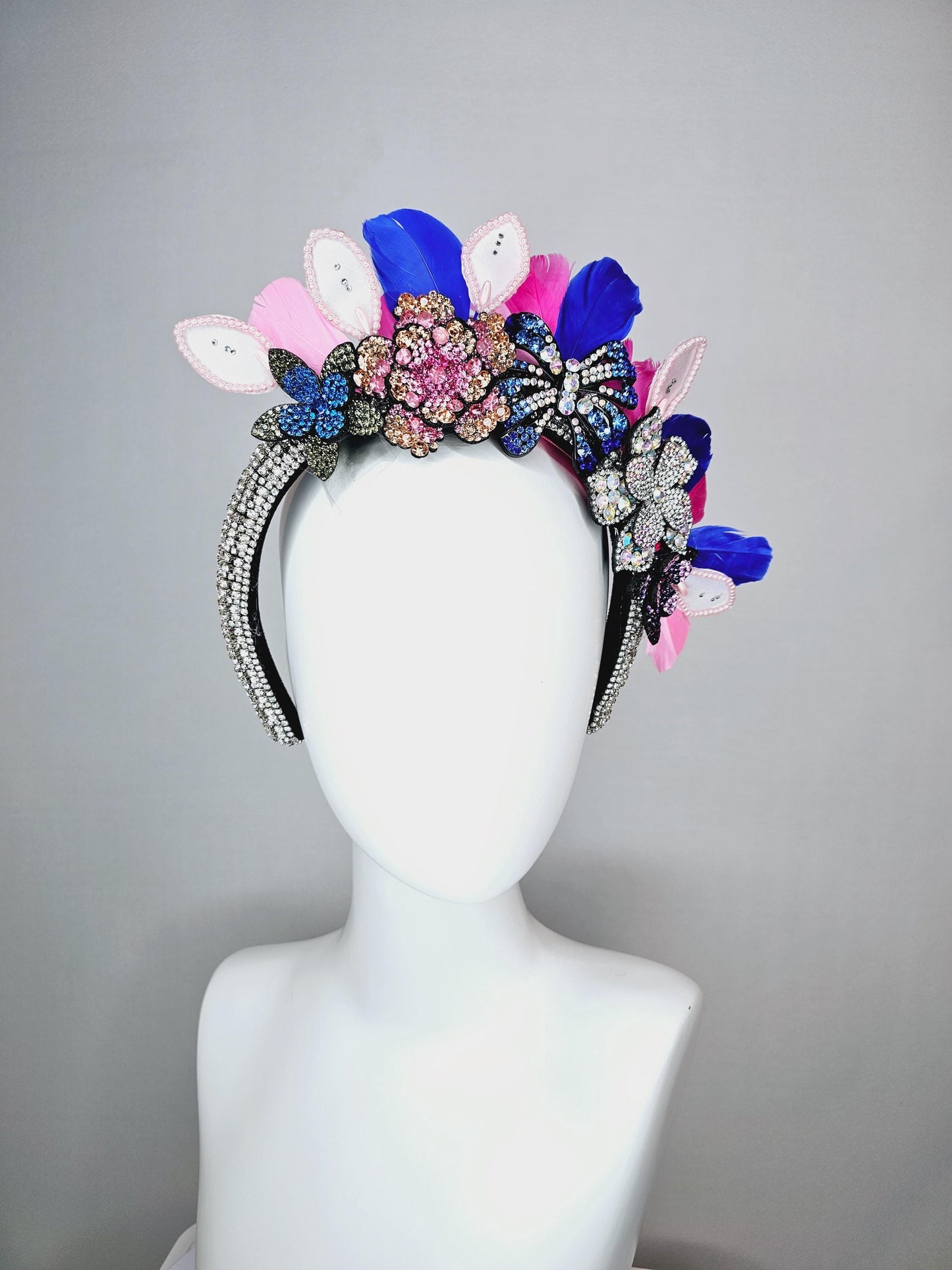 kentucky derby hat fascinator clear swarovski crystal headband with pink beige blue black crystal flowers butterfly pink royal blue feathers