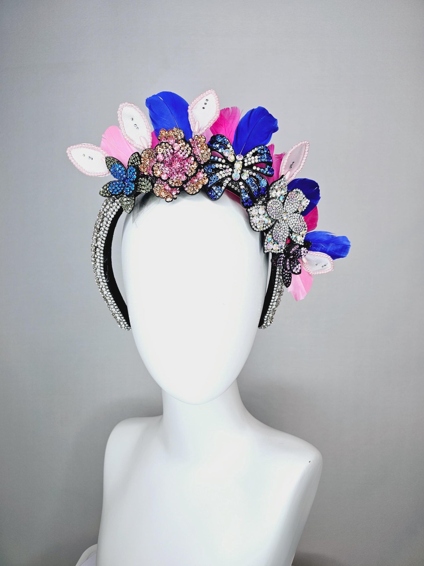 kentucky derby hat fascinator clear swarovski crystal headband with pink beige blue black crystal flowers butterfly pink royal blue feathers