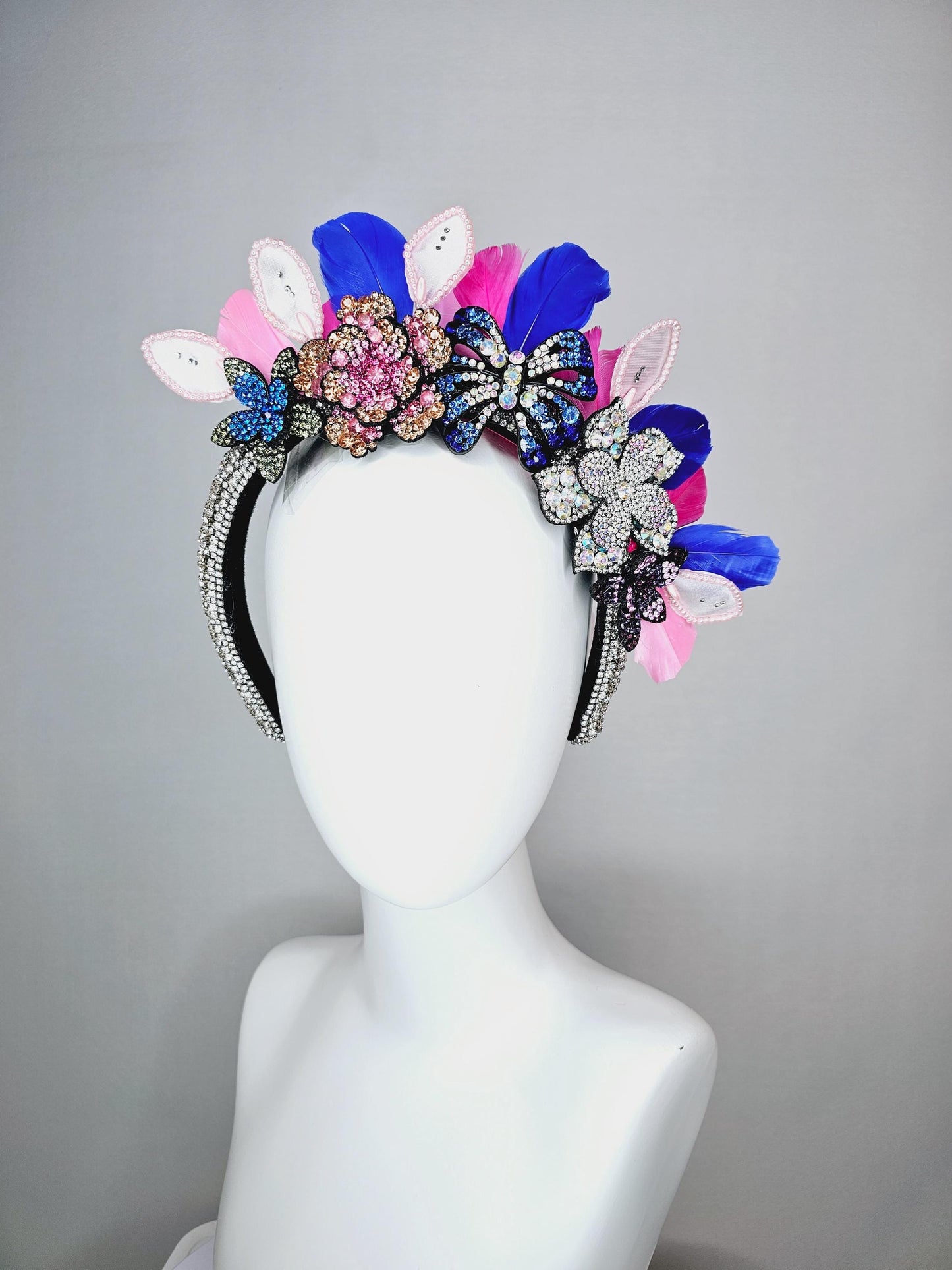 kentucky derby hat fascinator clear swarovski crystal headband with pink beige blue black crystal flowers butterfly pink royal blue feathers