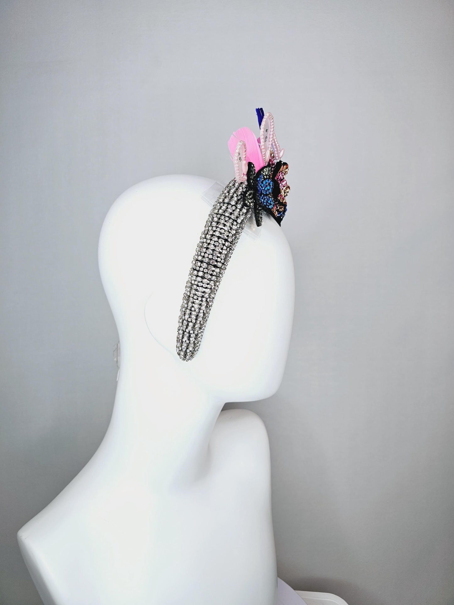 kentucky derby hat fascinator clear swarovski crystal headband with pink beige blue black crystal flowers butterfly pink royal blue feathers
