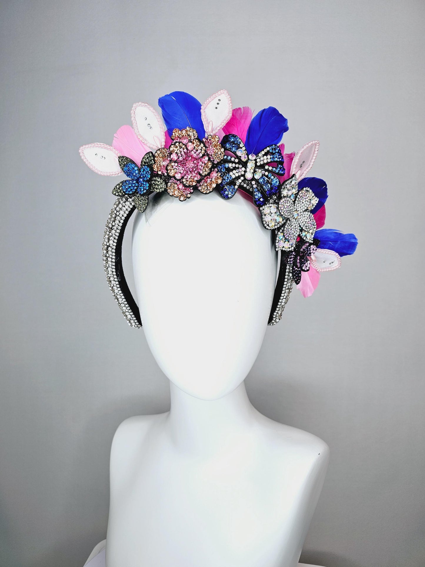 kentucky derby hat fascinator clear swarovski crystal headband with pink beige blue black crystal flowers butterfly pink royal blue feathers