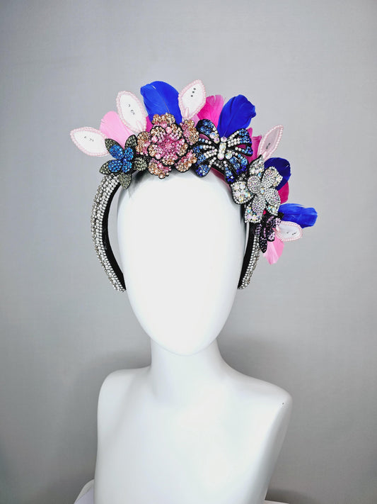 kentucky derby hat fascinator clear swarovski crystal headband with pink beige blue black crystal flowers butterfly pink royal blue feathers