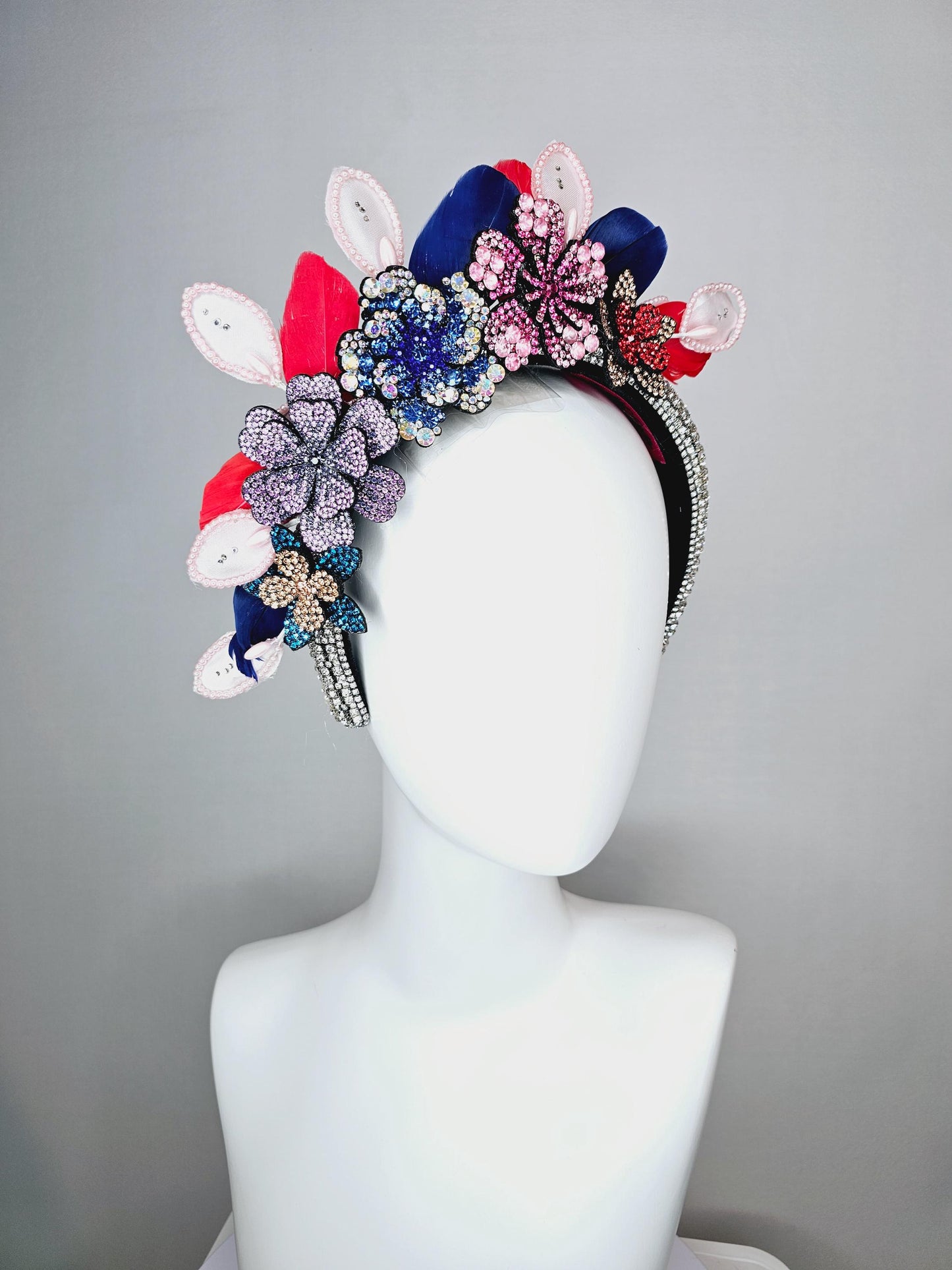 kentucky derby hat fascinator clear swarovski crystal headband with pink beige blue purple crystal flowers and red royal blue feathers