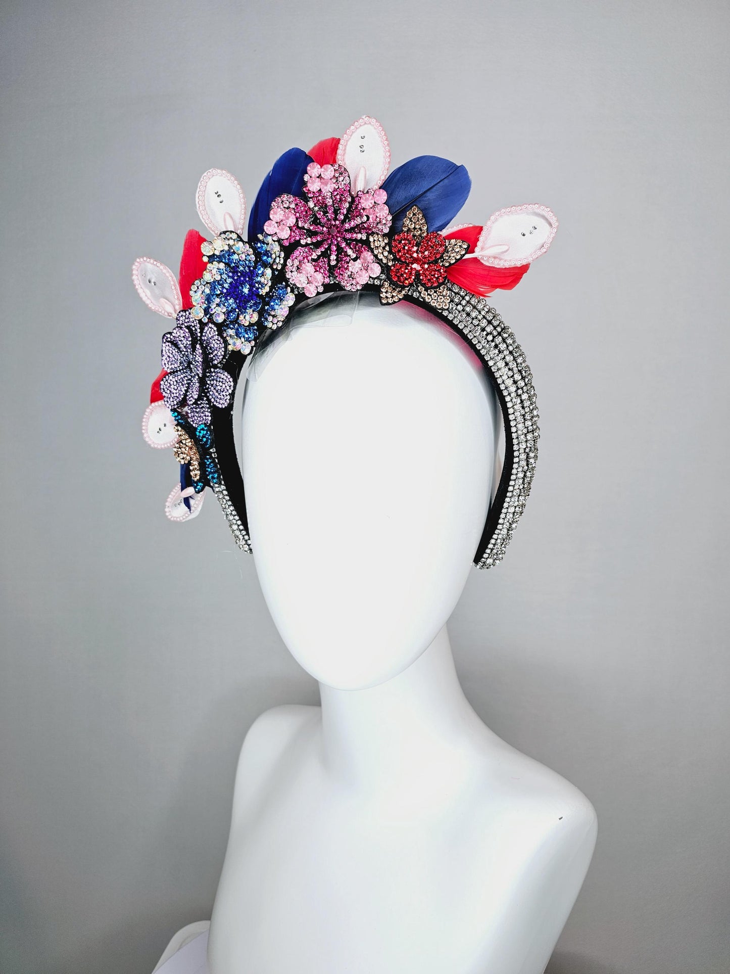 kentucky derby hat fascinator clear swarovski crystal headband with pink beige blue purple crystal flowers and red royal blue feathers