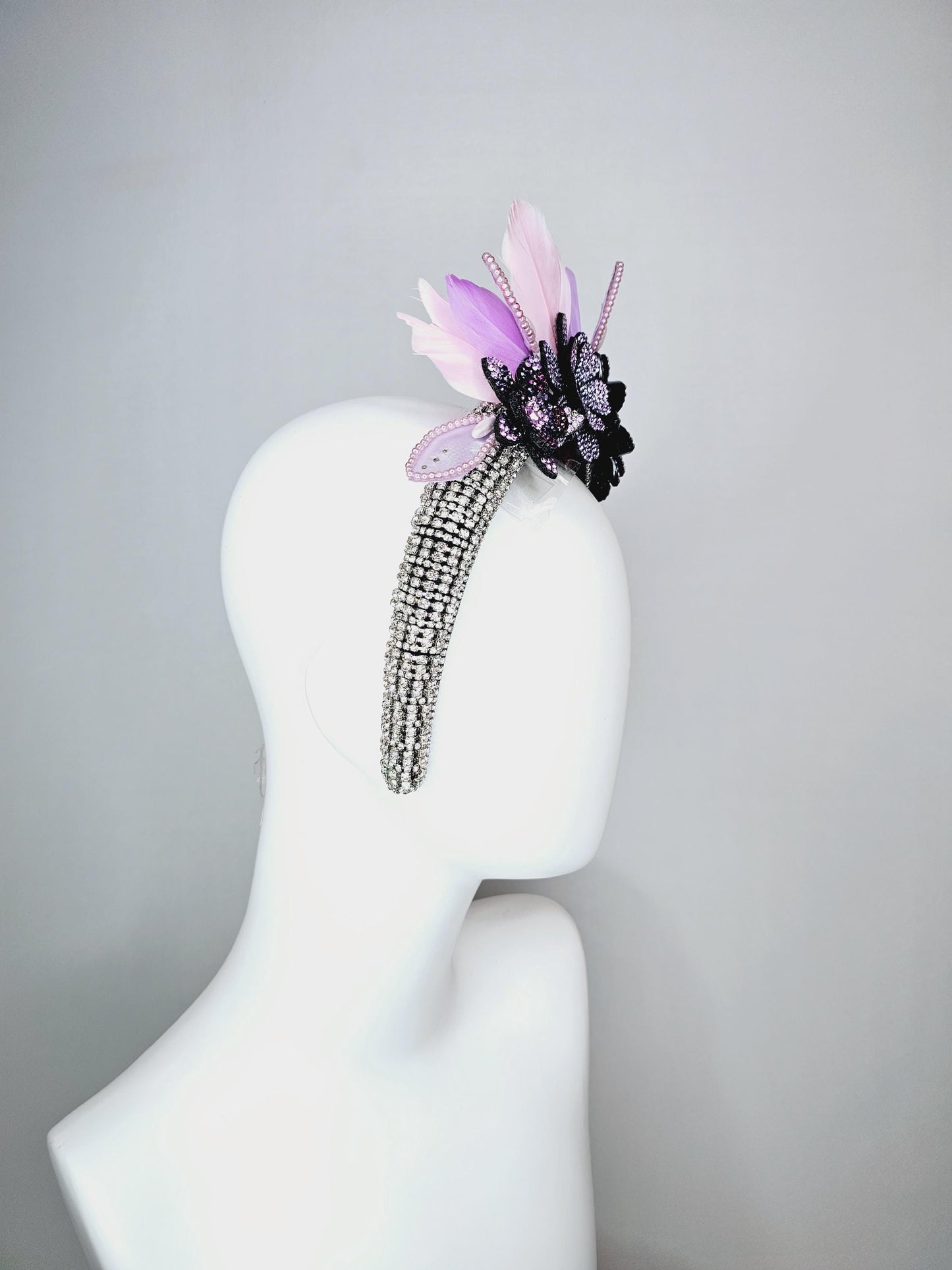 kentucky derby hat fascinator clear swarovski crystal headband beige black blue lavender purple crystal flowers light pink lavender feathers