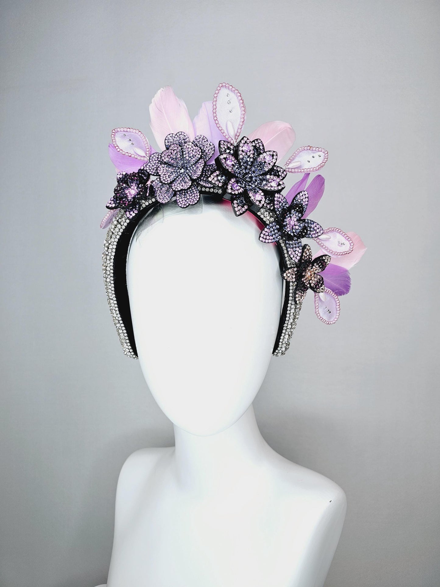 kentucky derby hat fascinator clear swarovski crystal headband beige black blue lavender purple crystal flowers light pink lavender feathers