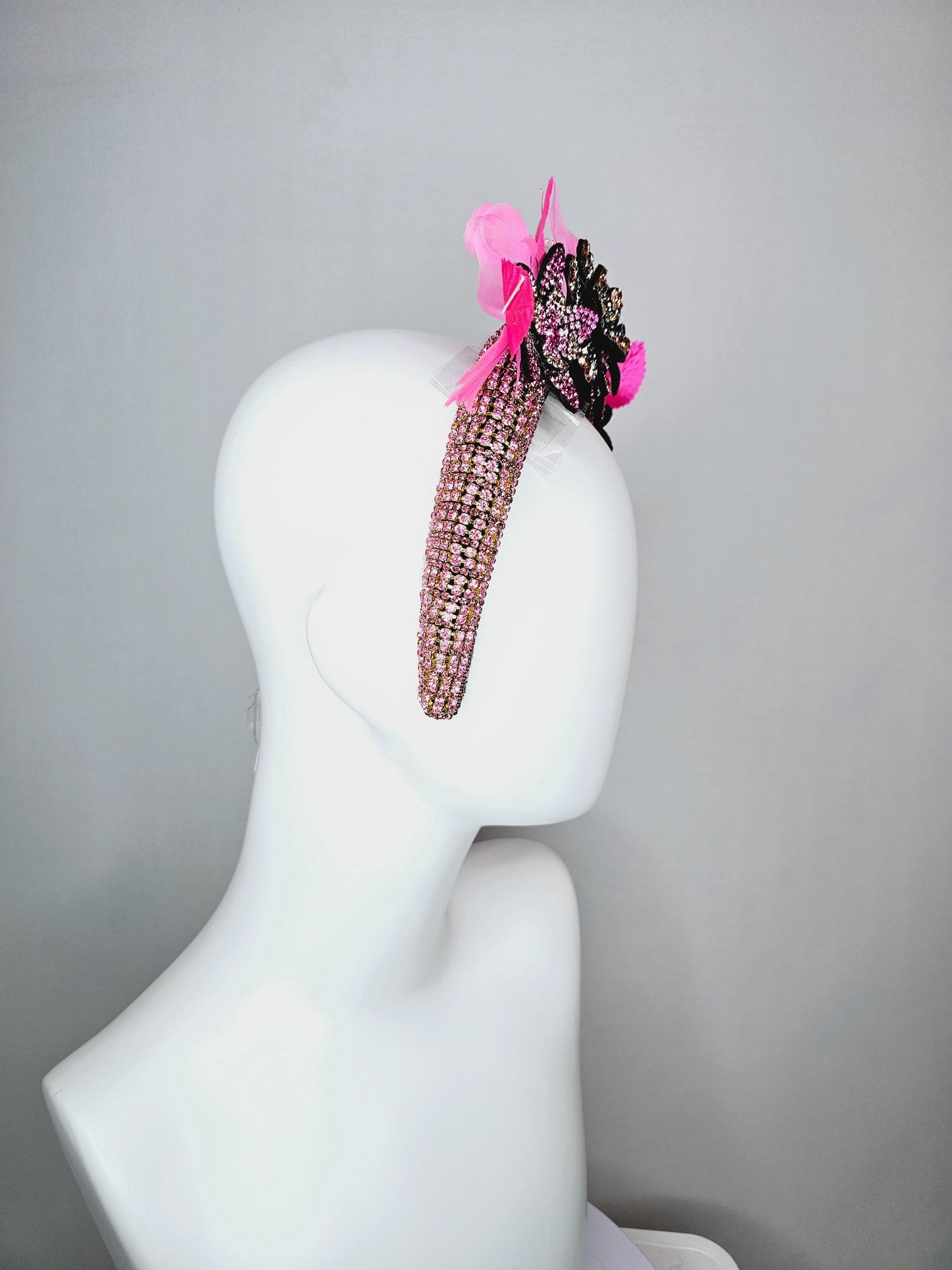 kentucky derby hat fascinator pink swarovski crystal headband pink beige gold yellow crystal flowers light pink bright pink feathers leaves