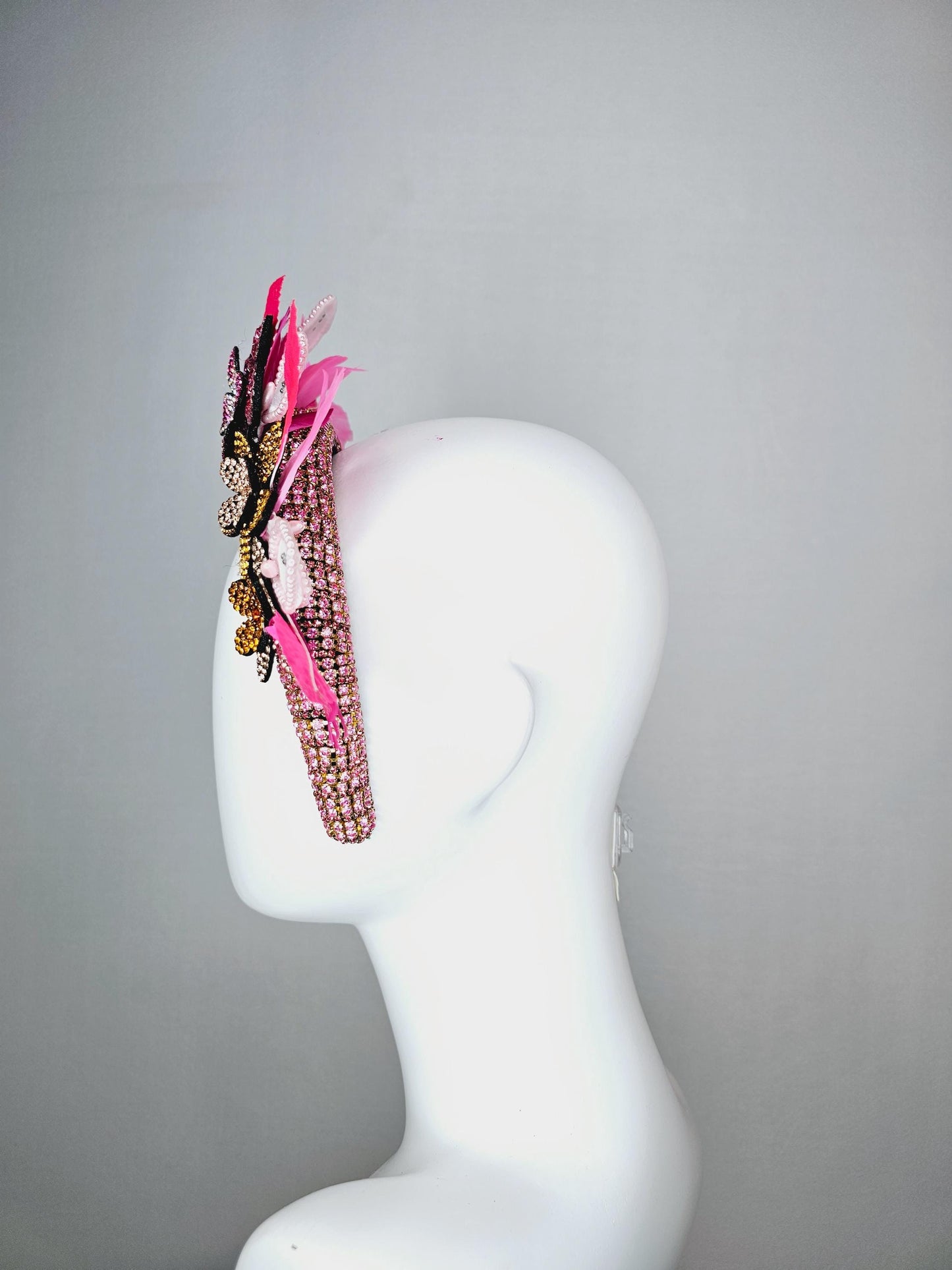 kentucky derby hat fascinator pink swarovski crystal headband pink beige gold yellow crystal flowers light pink bright pink feathers leaves