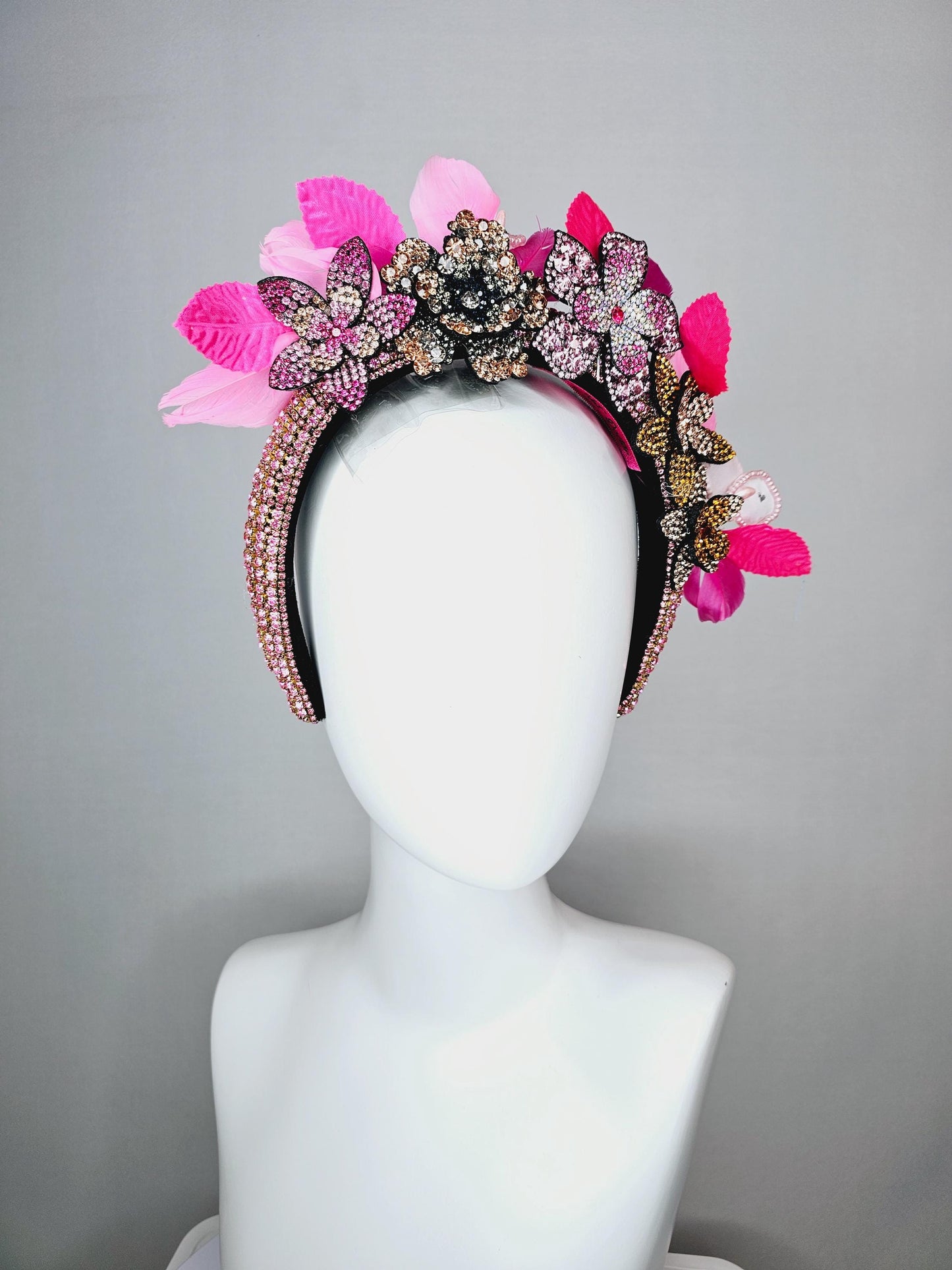 kentucky derby hat fascinator pink swarovski crystal headband pink beige gold yellow crystal flowers light pink bright pink feathers leaves