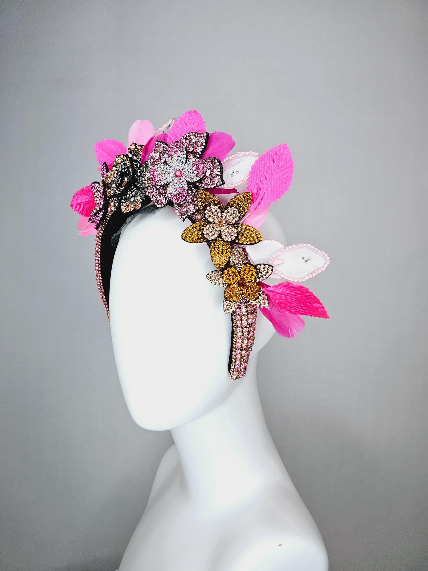 kentucky derby hat fascinator pink swarovski crystal headband pink beige gold yellow crystal flowers light pink bright pink feathers leaves