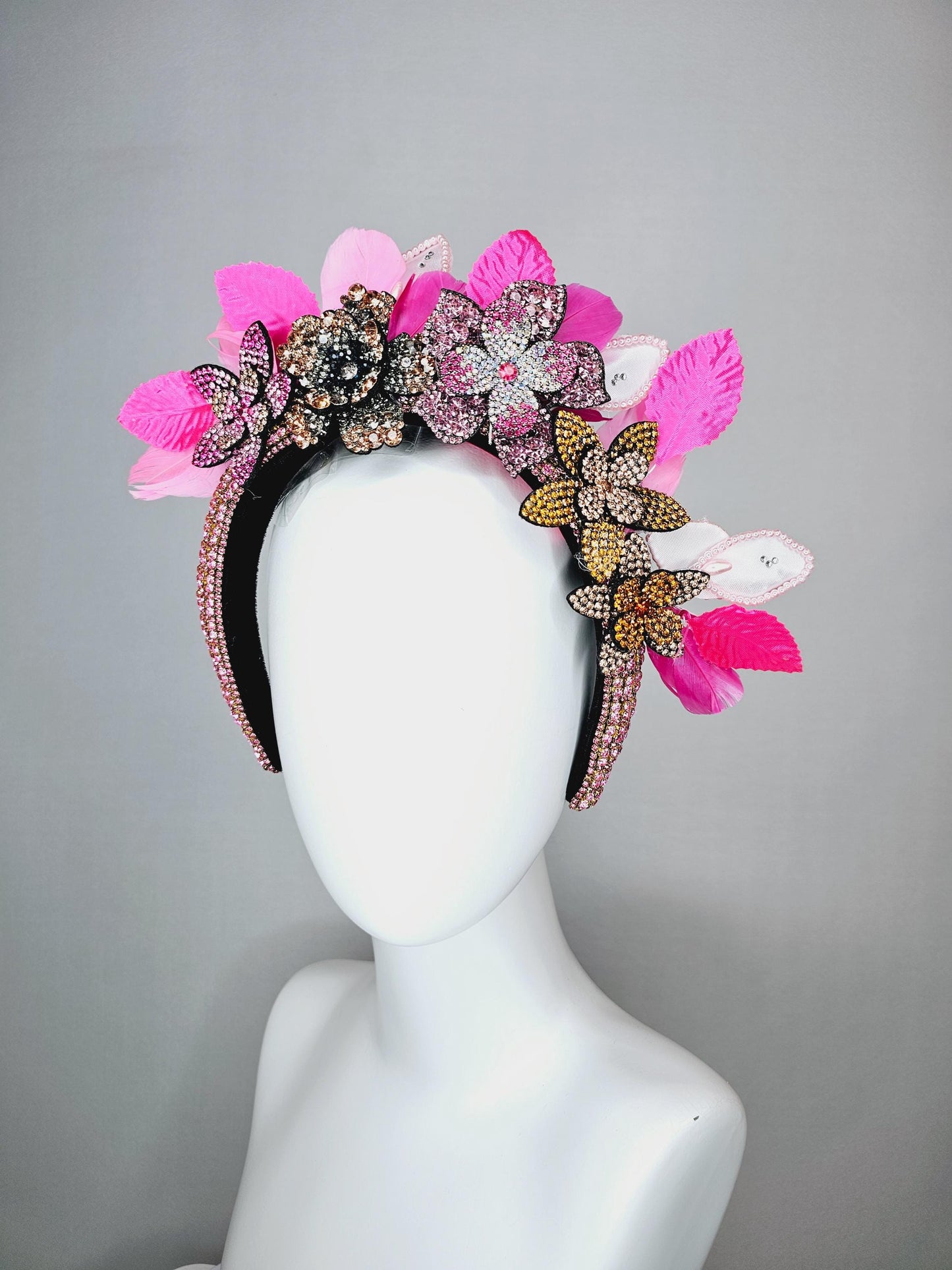 kentucky derby hat fascinator pink swarovski crystal headband pink beige gold yellow crystal flowers light pink bright pink feathers leaves
