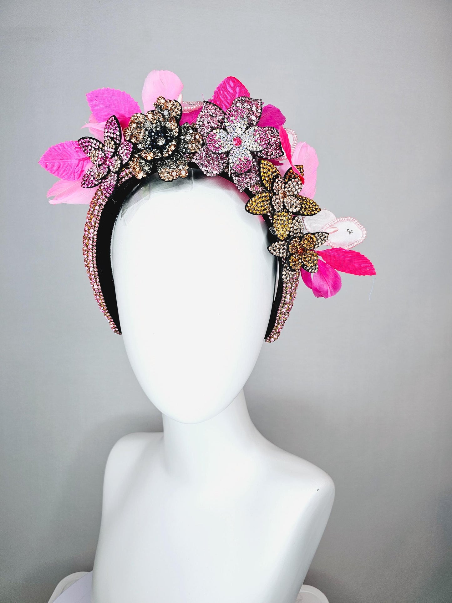 kentucky derby hat fascinator pink swarovski crystal headband pink beige gold yellow crystal flowers light pink bright pink feathers leaves