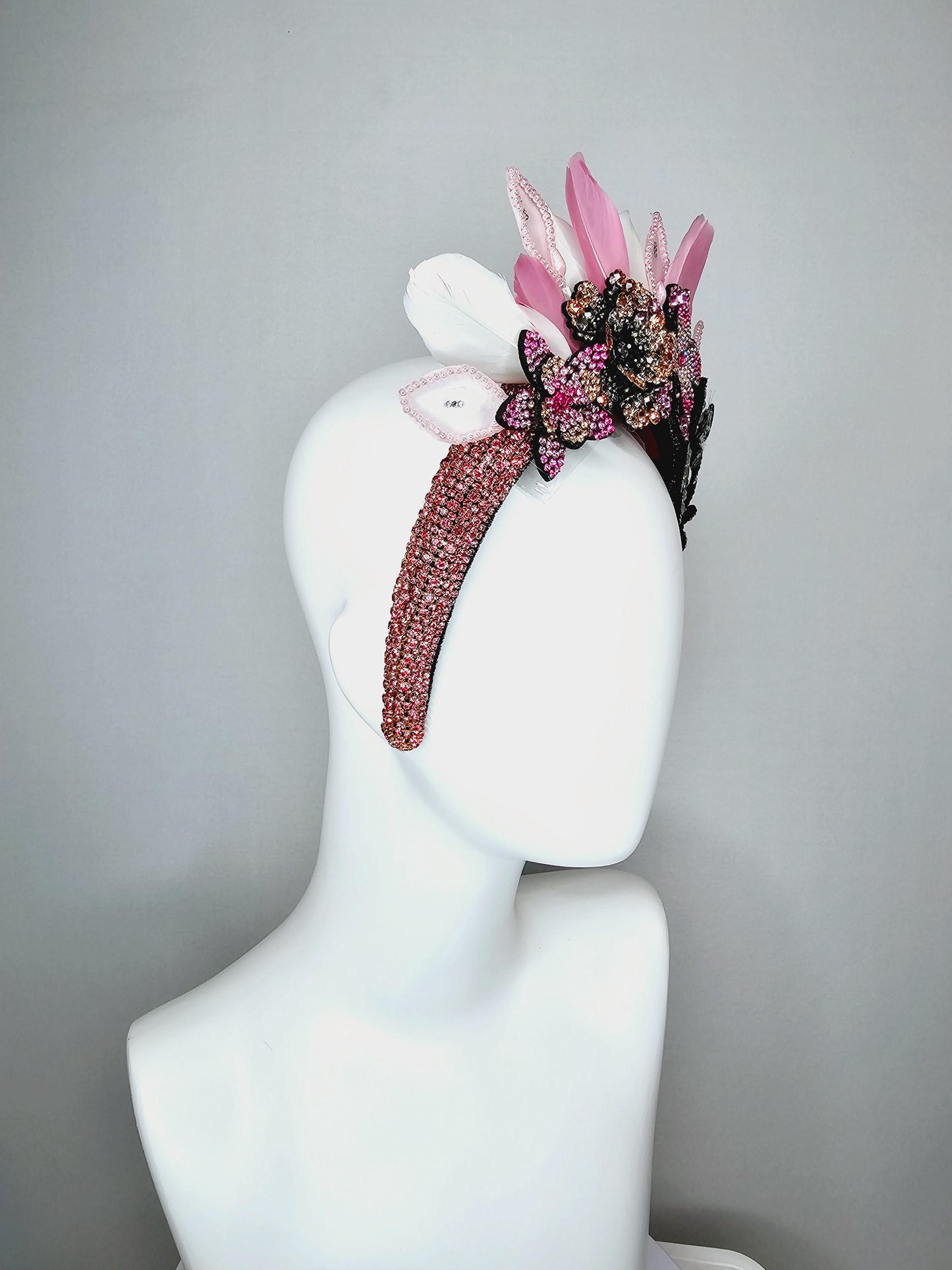 kentucky derby hat fascinator pink swarovski crystal headband iridescent pink beige black crystal flowers light pink white feathers leaves