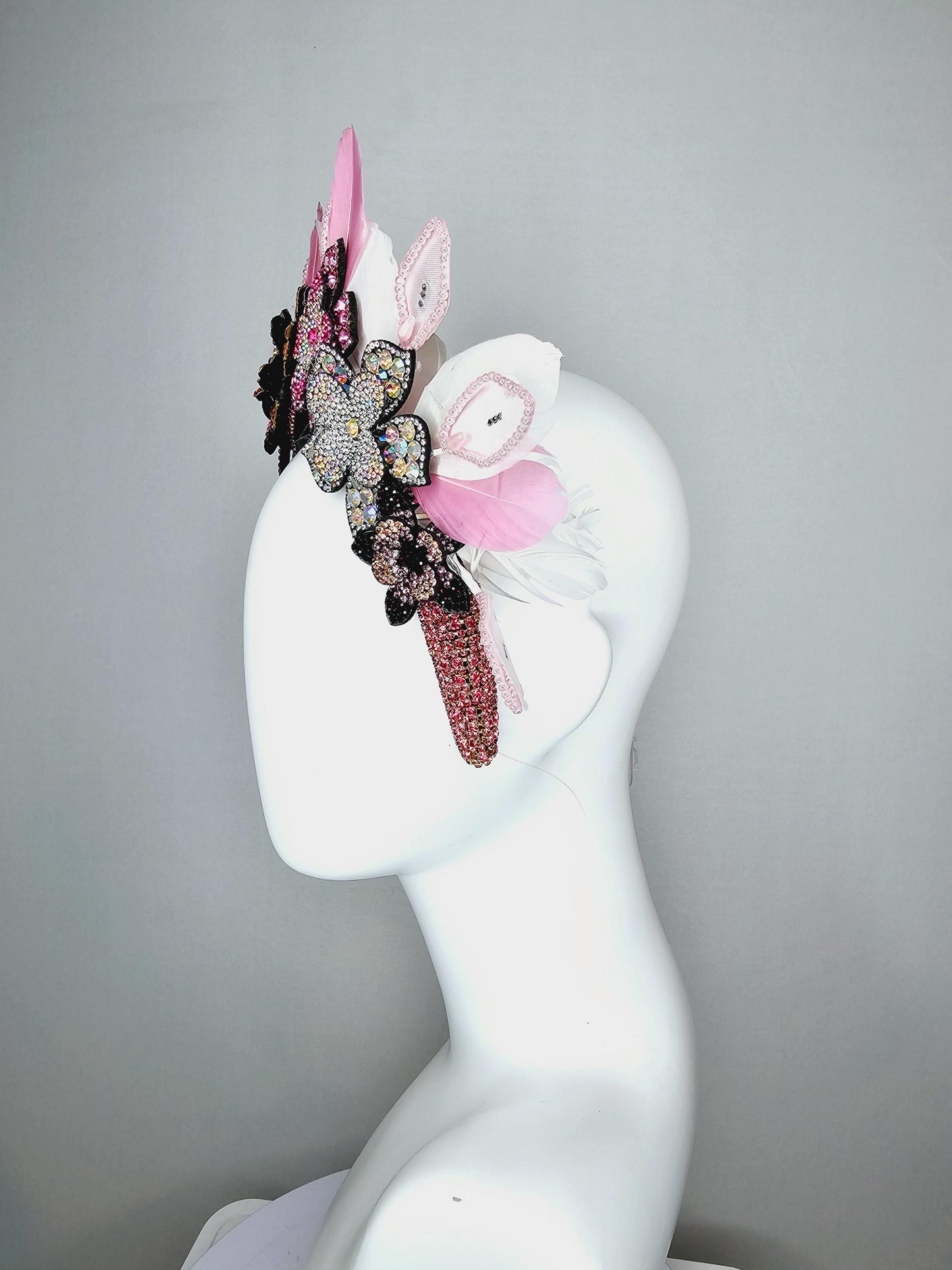 kentucky derby hat fascinator pink swarovski crystal headband iridescent pink beige black crystal flowers light pink white feathers leaves